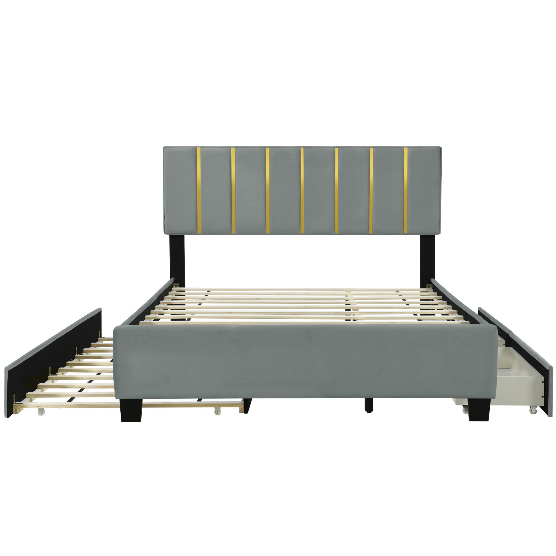 Gray Tufted Velvet Upholstered Queen Bed Frame With Trundle And Drawers-2