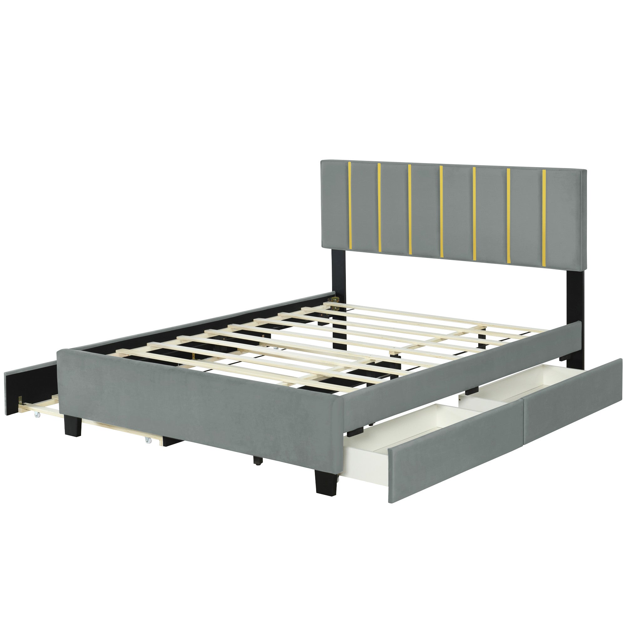 Gray Tufted Velvet Upholstered Queen Bed Frame With Trundle And Drawers-3