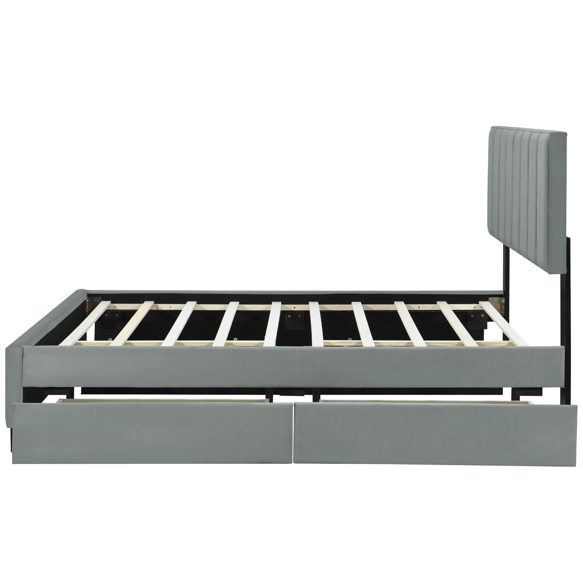 Gray Tufted Velvet Upholstered Queen Bed Frame With Trundle And Drawers-4