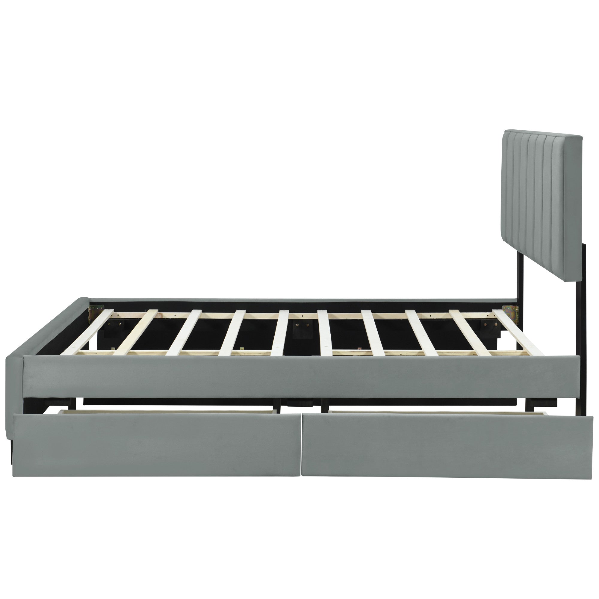 Gray Tufted Velvet Upholstered Queen Bed Frame With Trundle And Drawers-4