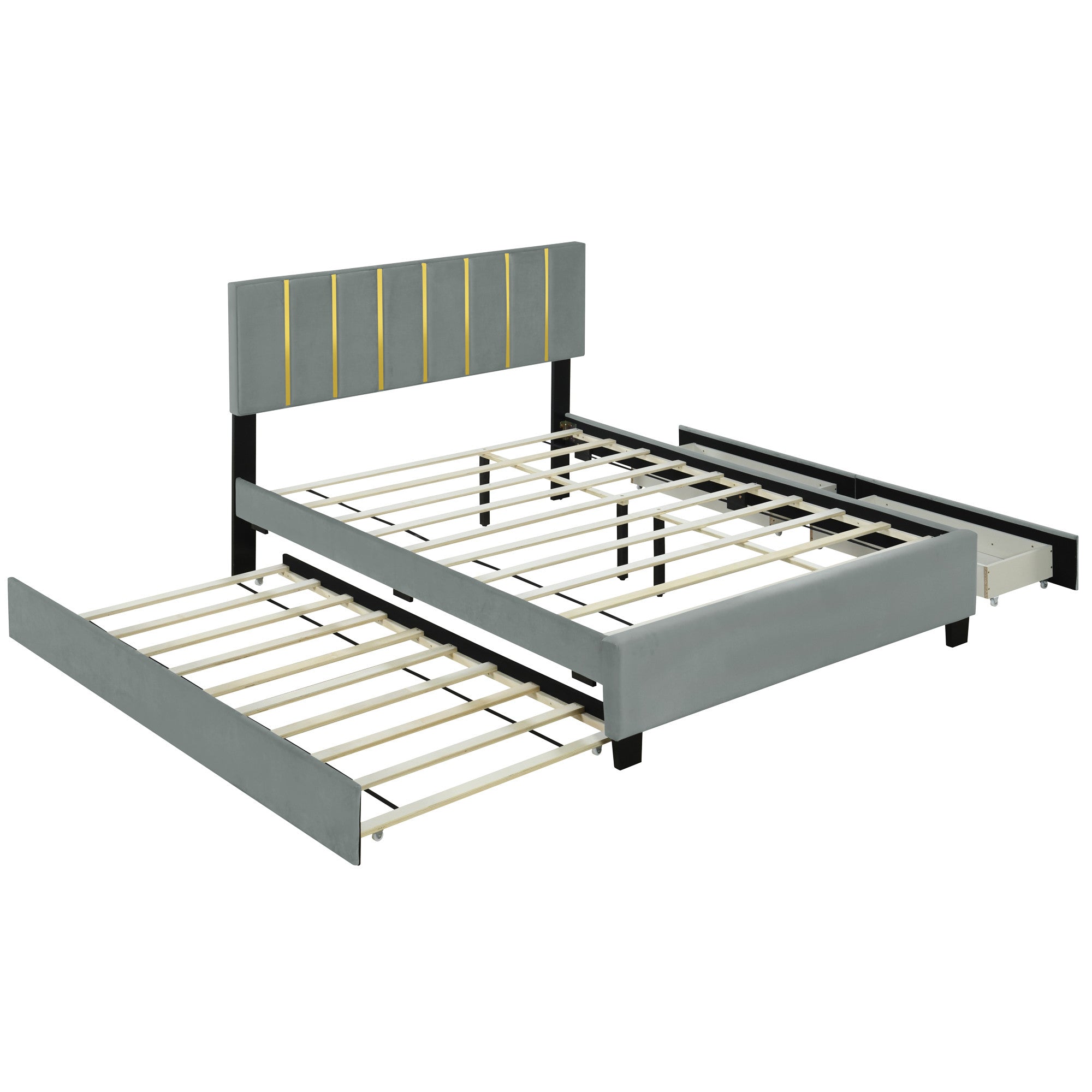Gray Tufted Velvet Upholstered Queen Bed Frame With Trundle And Drawers-5