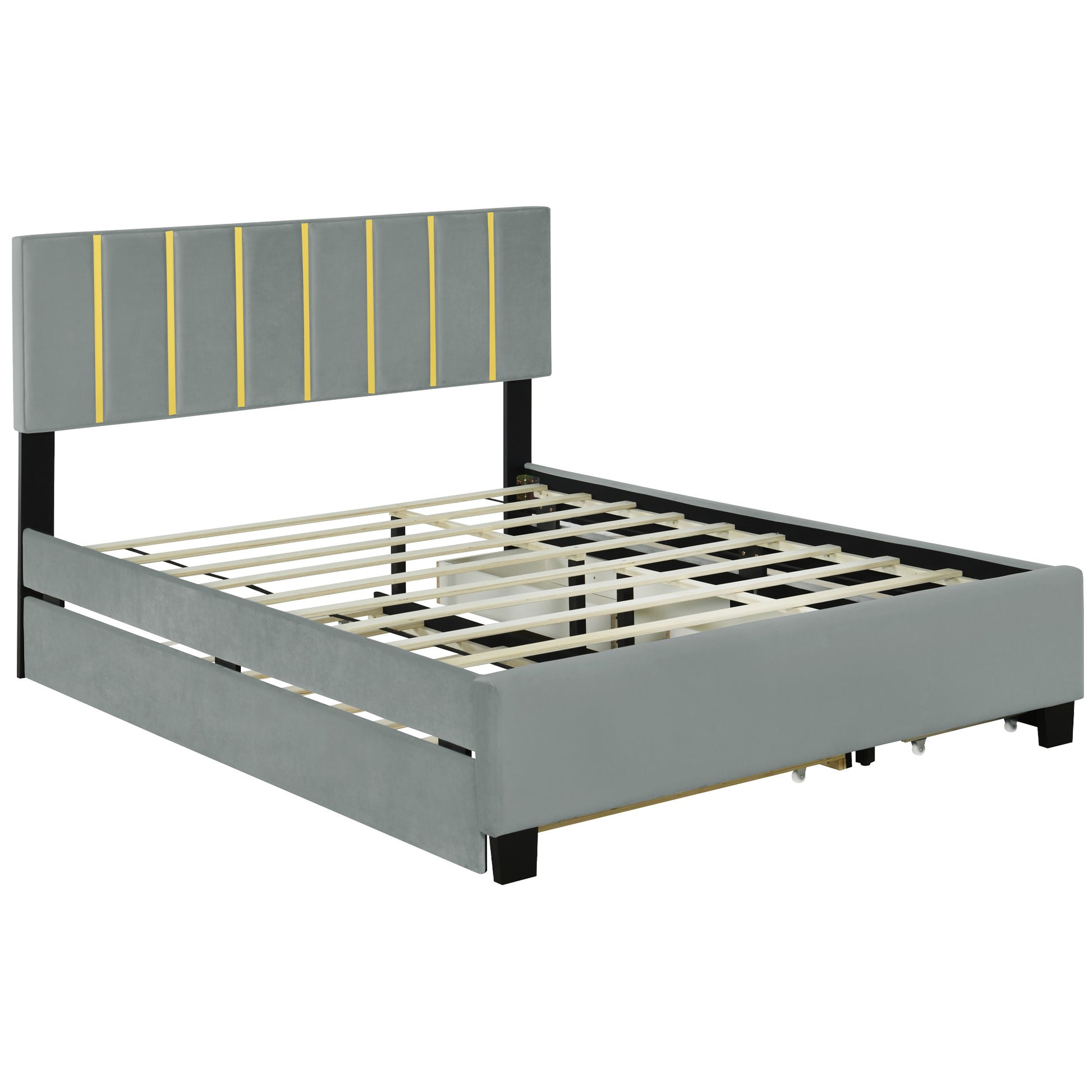 Gray Tufted Velvet Upholstered Queen Bed Frame With Trundle And Drawers-6
