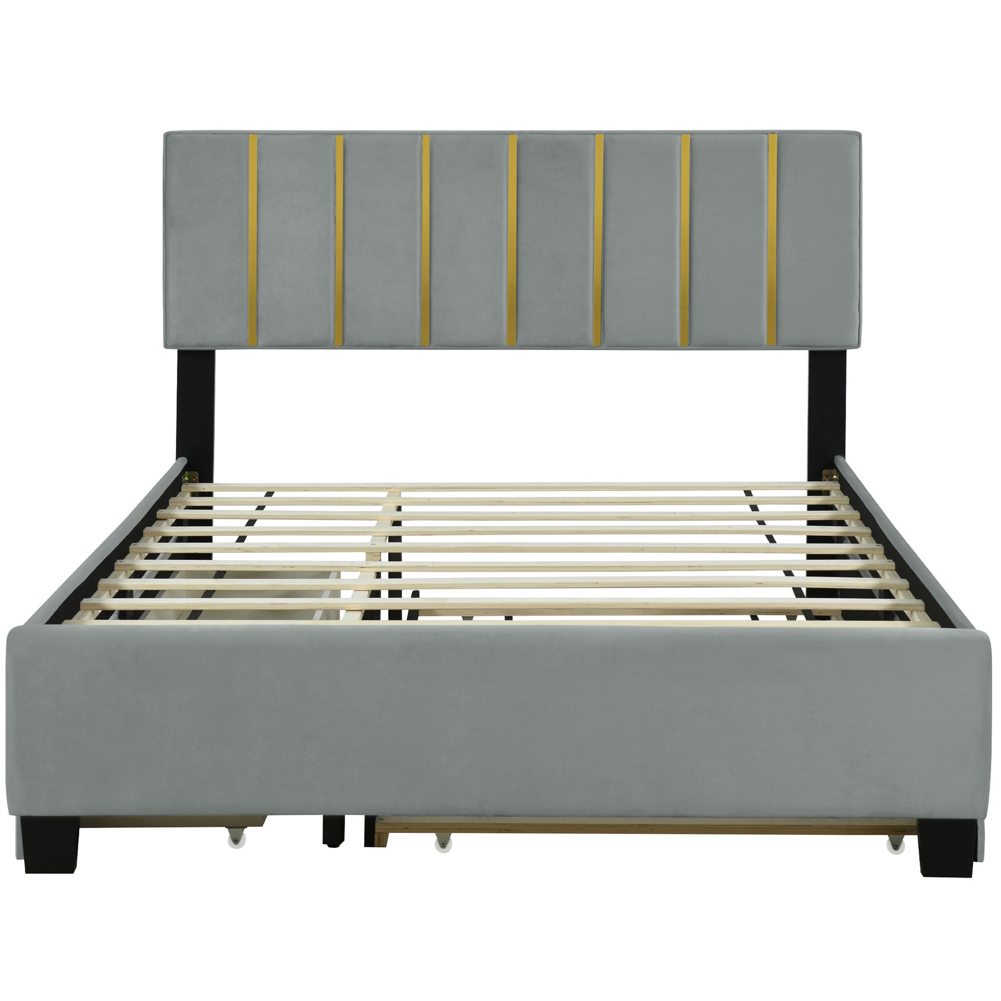 Gray Tufted Velvet Upholstered Queen Bed Frame With Trundle And Drawers-7
