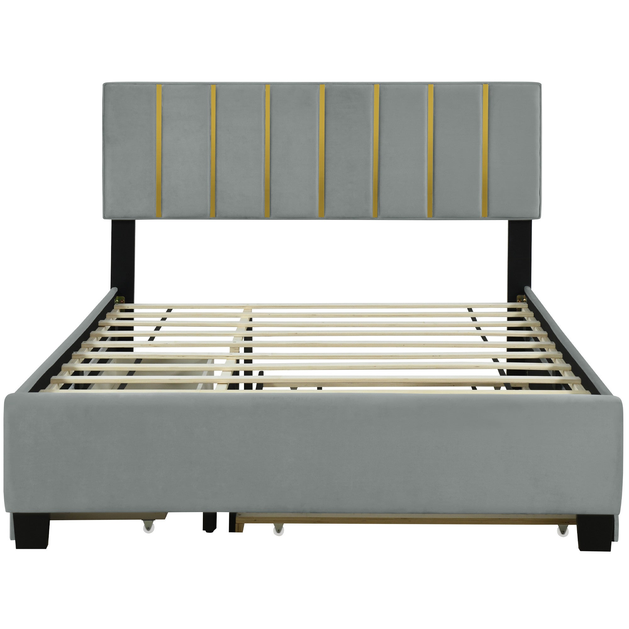 Gray Tufted Velvet Upholstered Queen Bed Frame With Trundle And Drawers-7