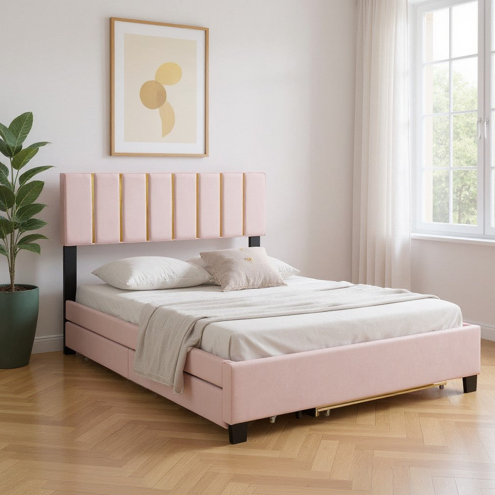 Pink Tufted Velvet Upholstered Queen Bed Frame With Trundle And Drawers-0