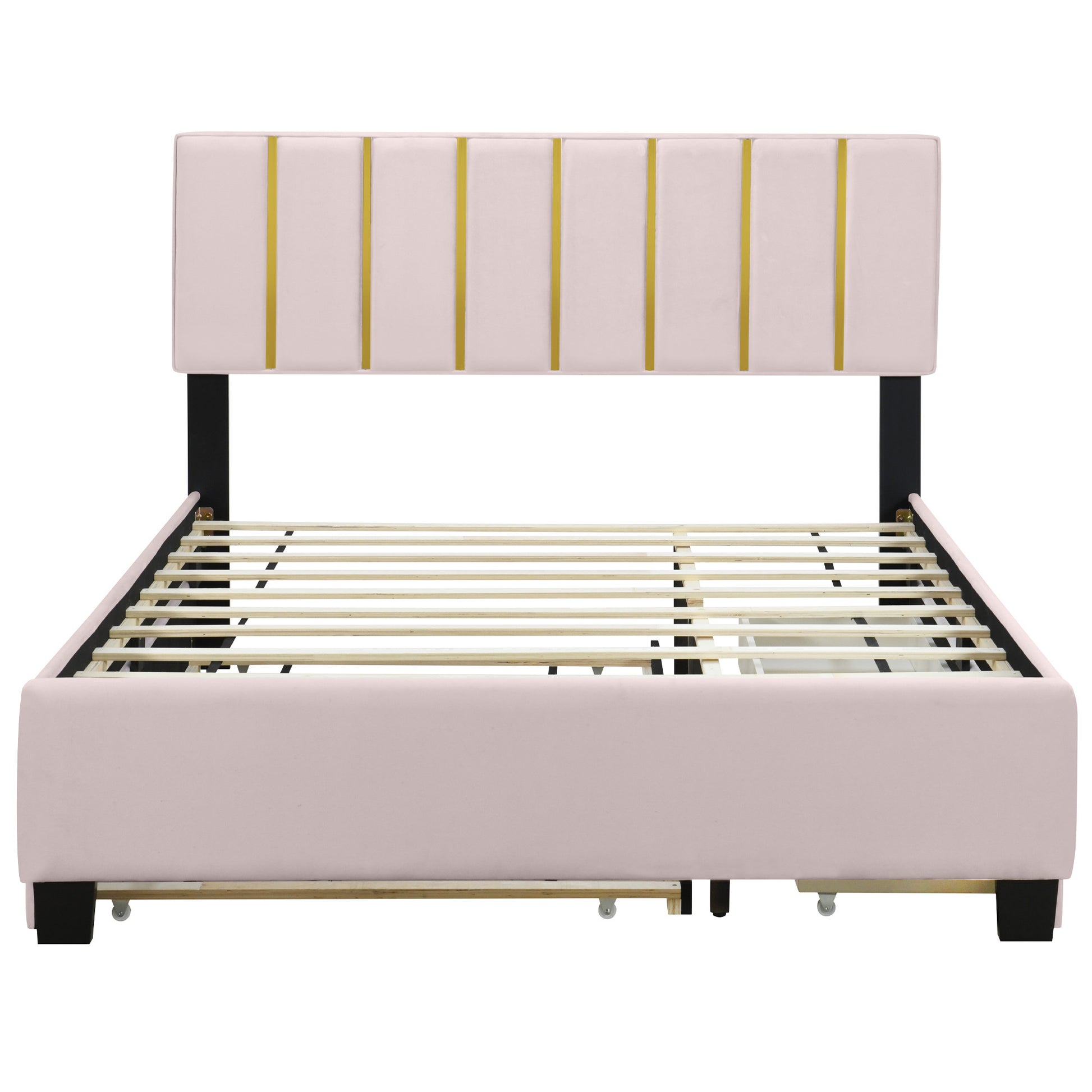 Pink Tufted Velvet Upholstered Queen Bed Frame With Trundle And Drawers-1