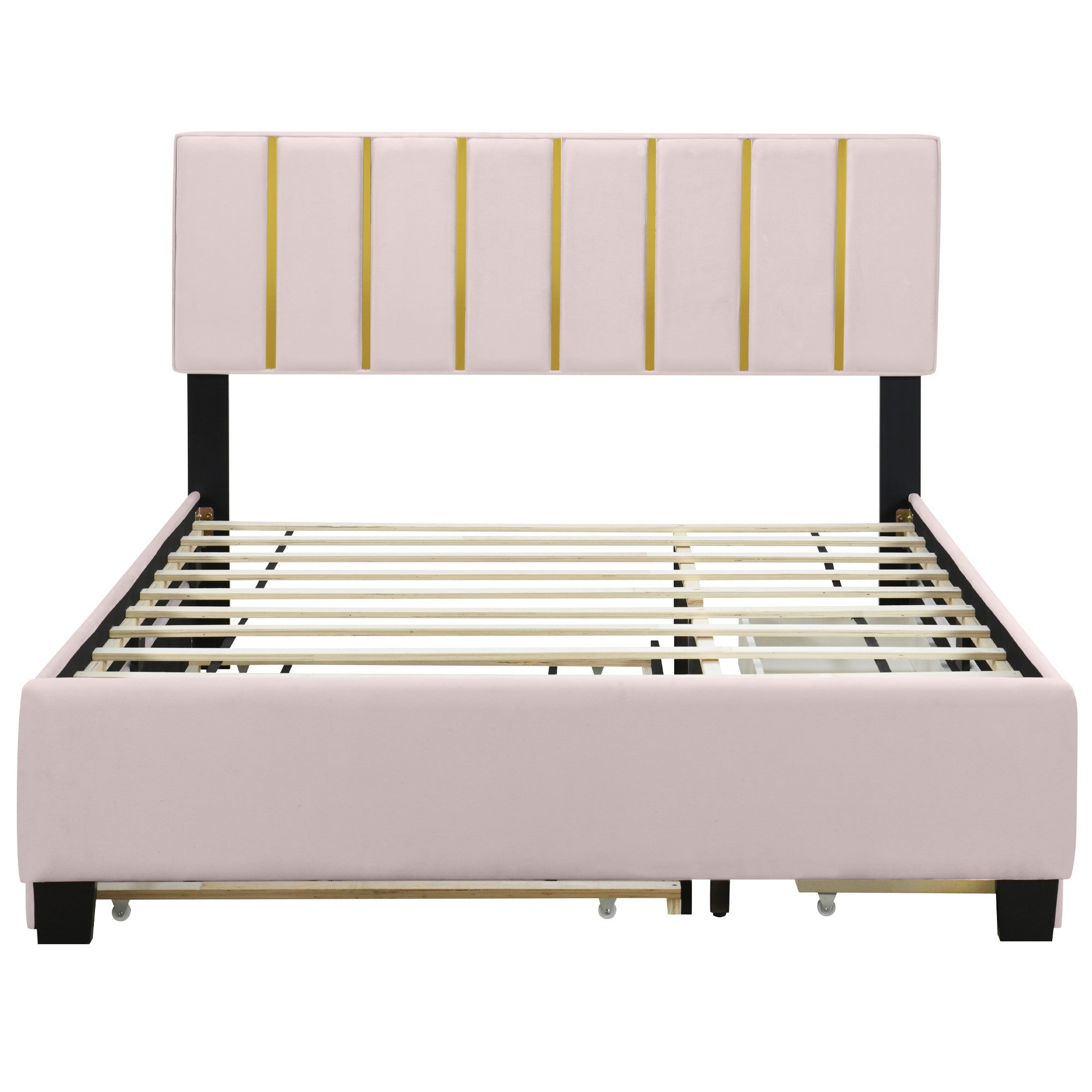 Pink Tufted Velvet Upholstered Queen Bed Frame With Trundle And Drawers-1