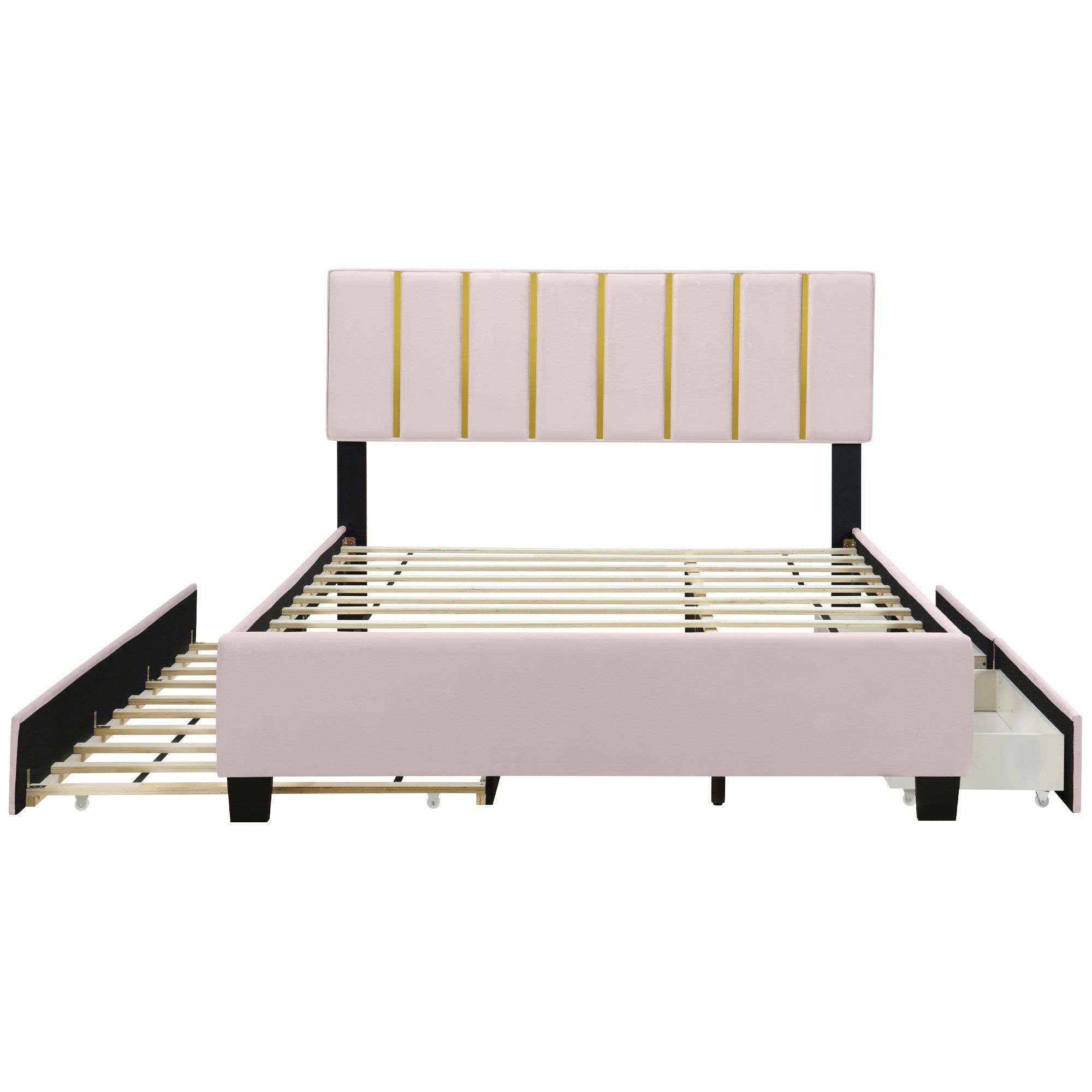 Pink Tufted Velvet Upholstered Queen Bed Frame With Trundle And Drawers-2