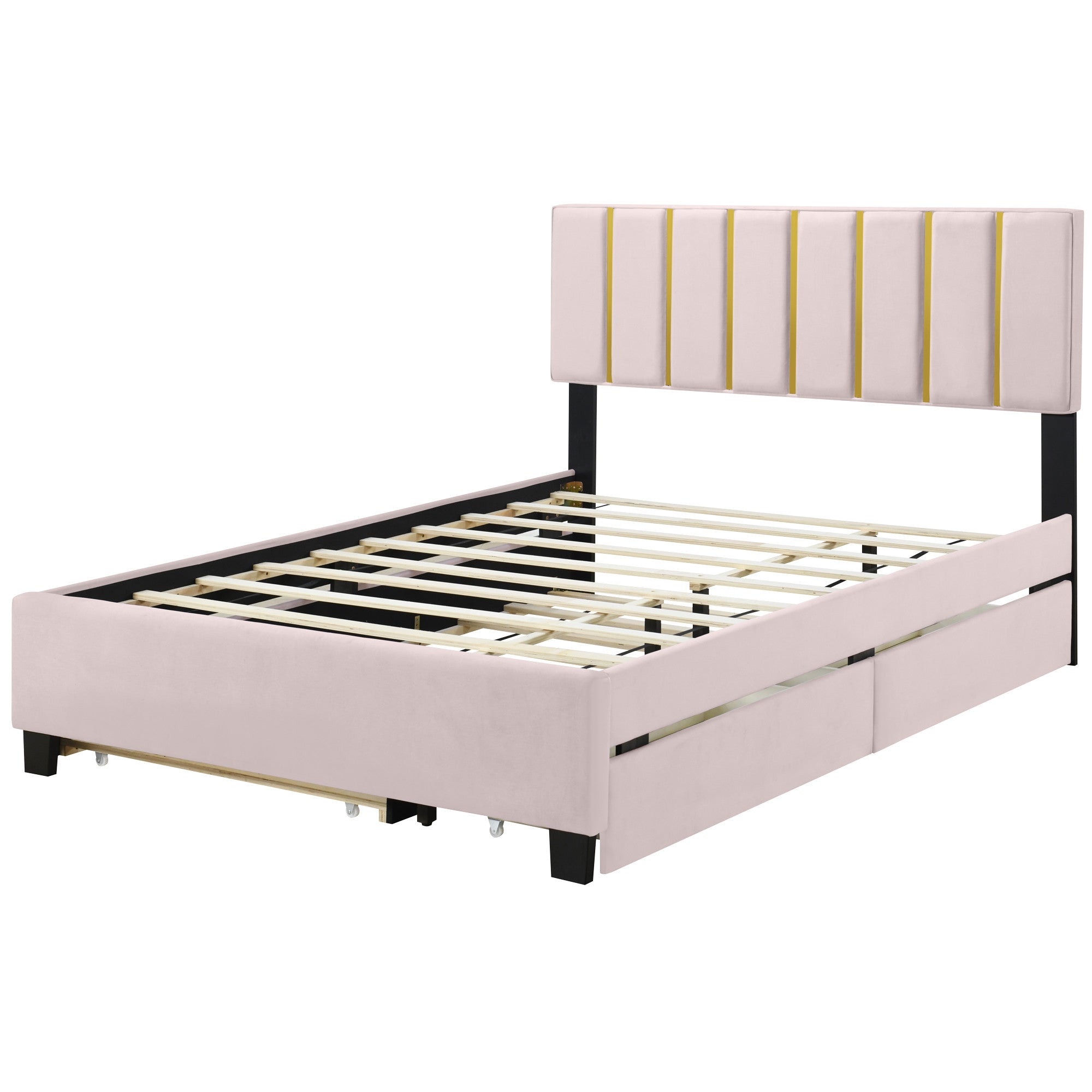 Pink Tufted Velvet Upholstered Queen Bed Frame With Trundle And Drawers-3