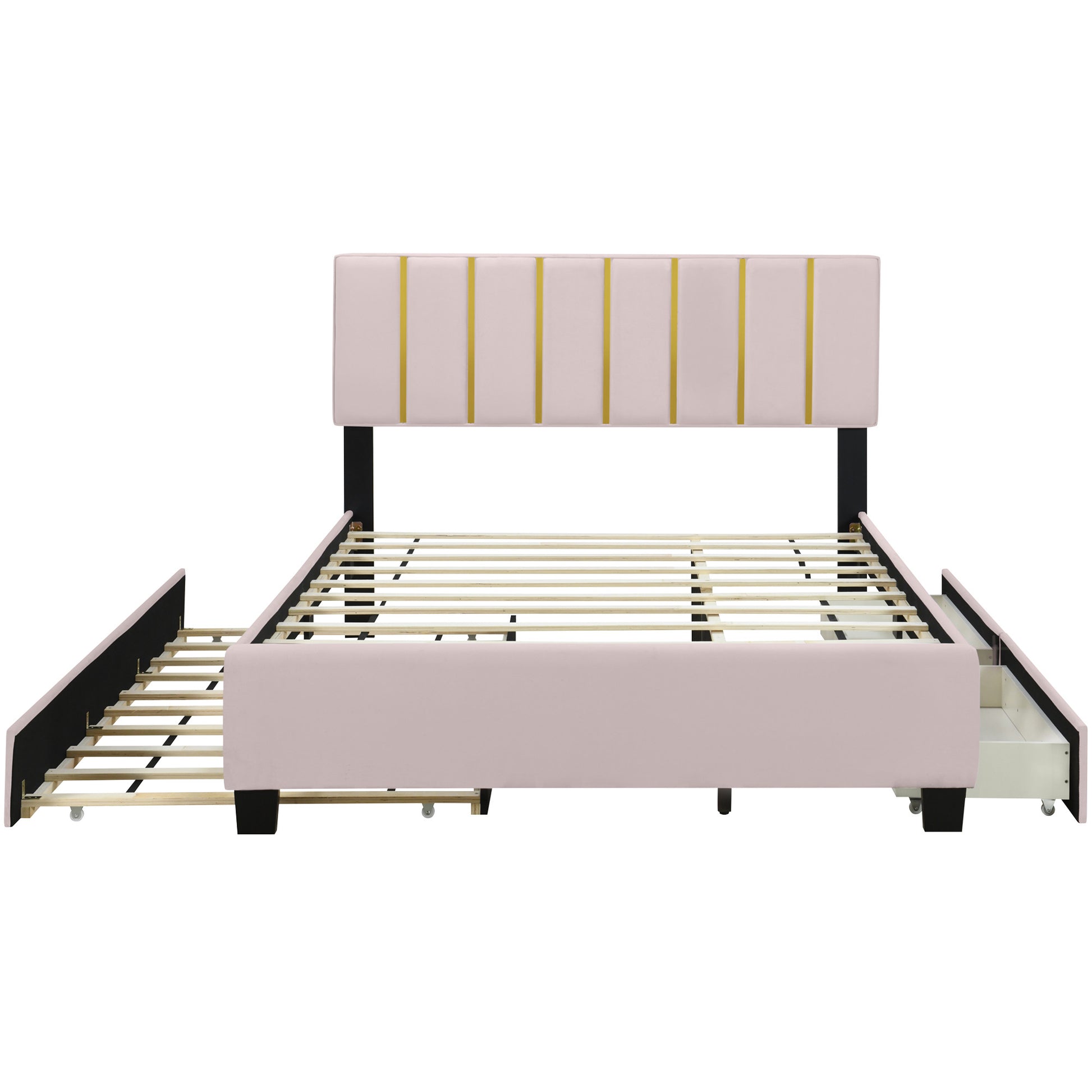 Pink Tufted Velvet Upholstered Queen Bed Frame With Trundle And Drawers-5