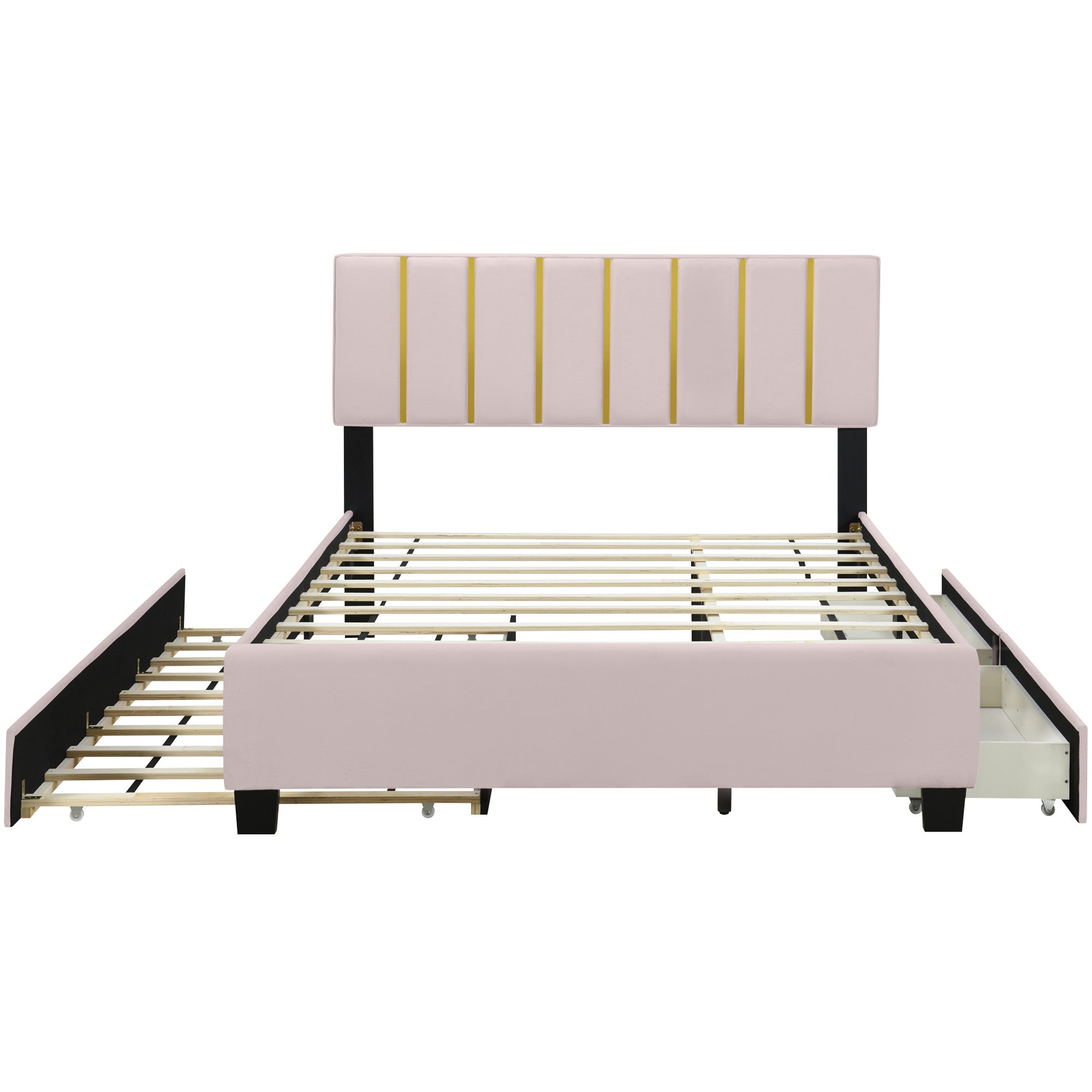 Pink Tufted Velvet Upholstered Queen Bed Frame With Trundle And Drawers-5