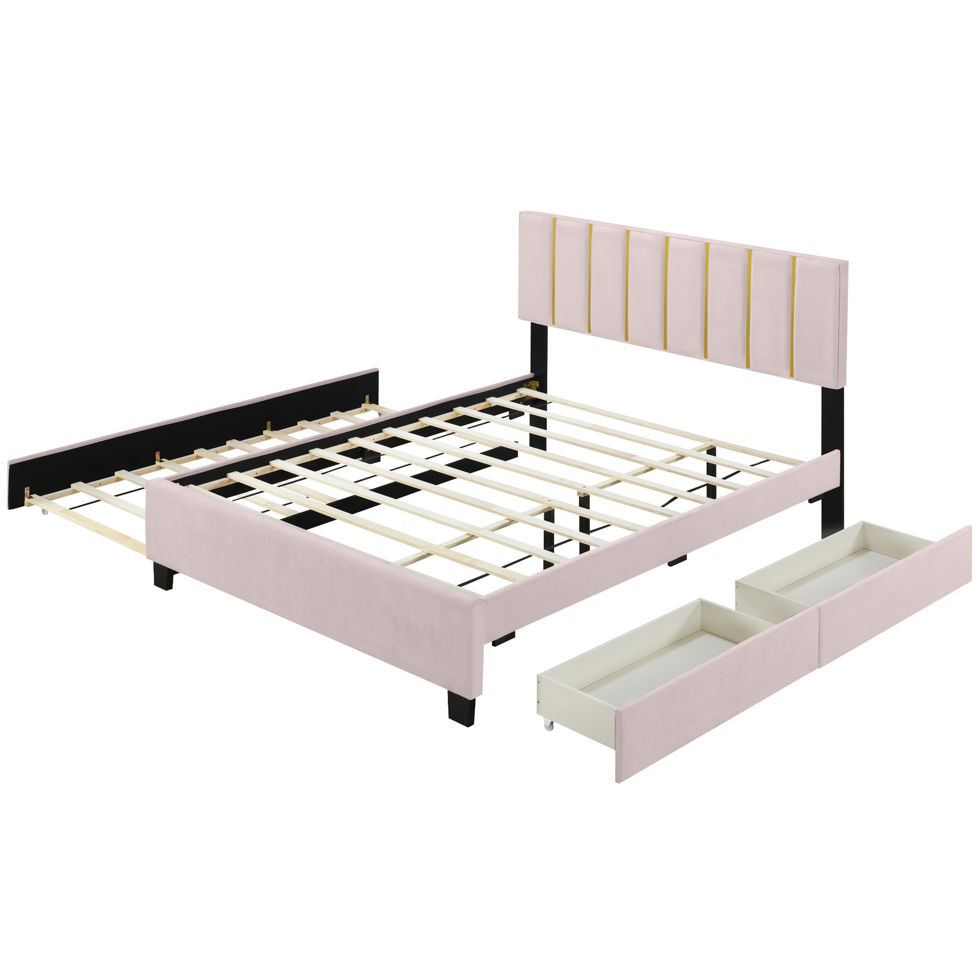 Pink Tufted Velvet Upholstered Queen Bed Frame With Trundle And Drawers-6
