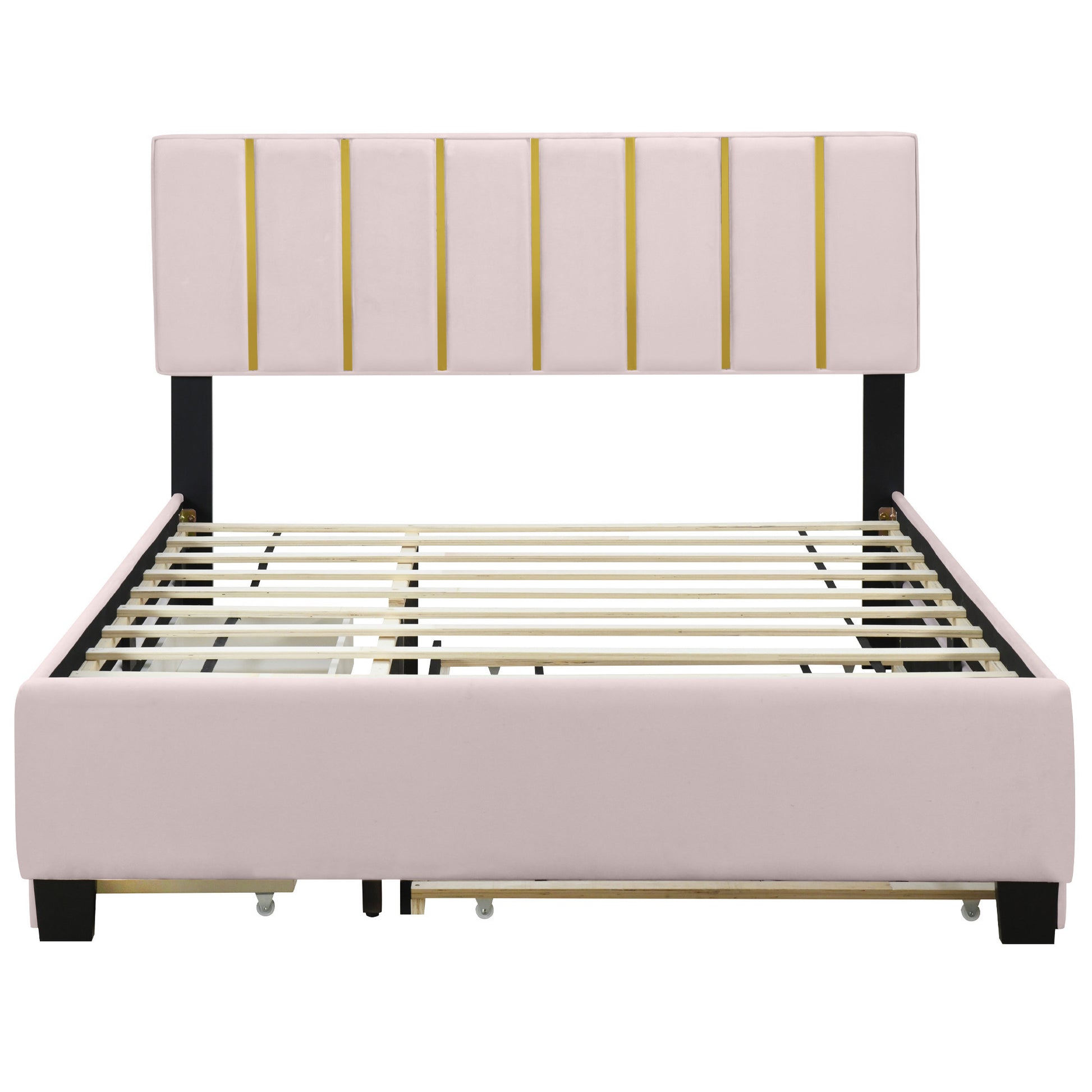 Pink Tufted Velvet Upholstered Queen Bed Frame With Trundle And Drawers-7
