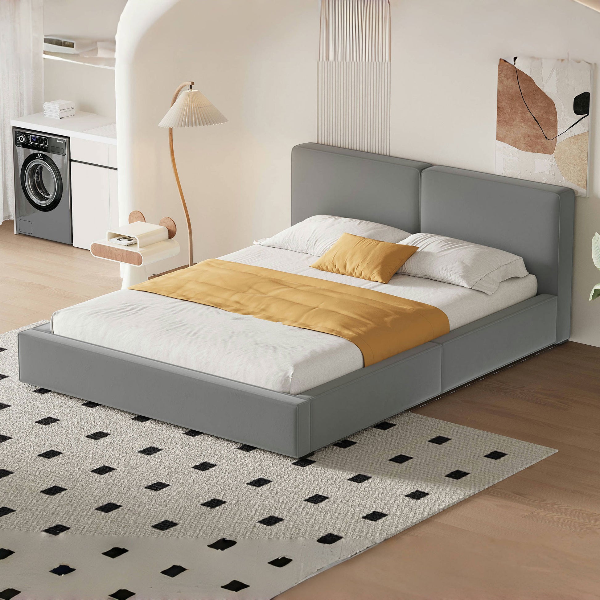 Gray Tufted Velvet Upholstered Queen Bed Frame-8