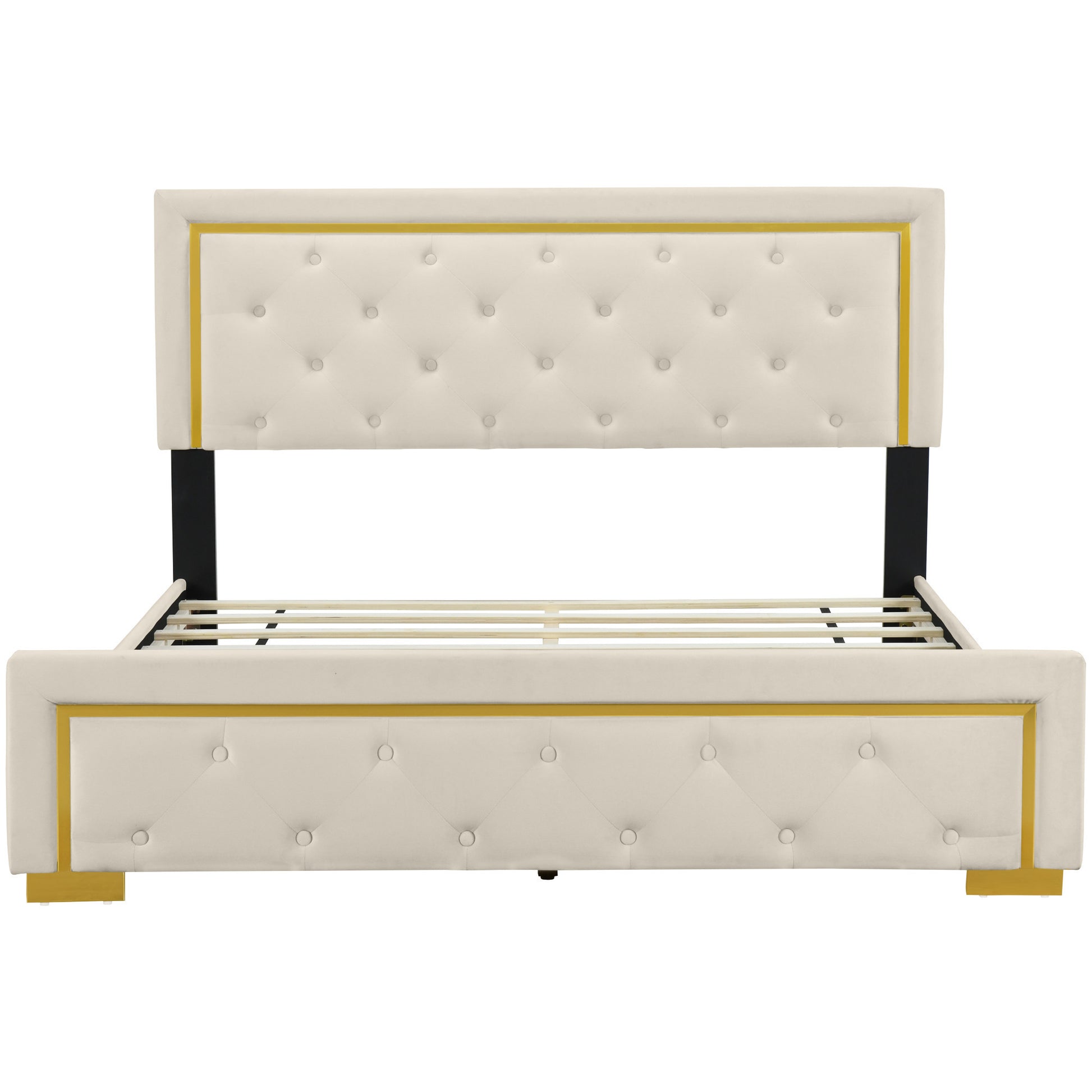 Beige Tufted Velvet Upholstered Queen Bed Frame-7