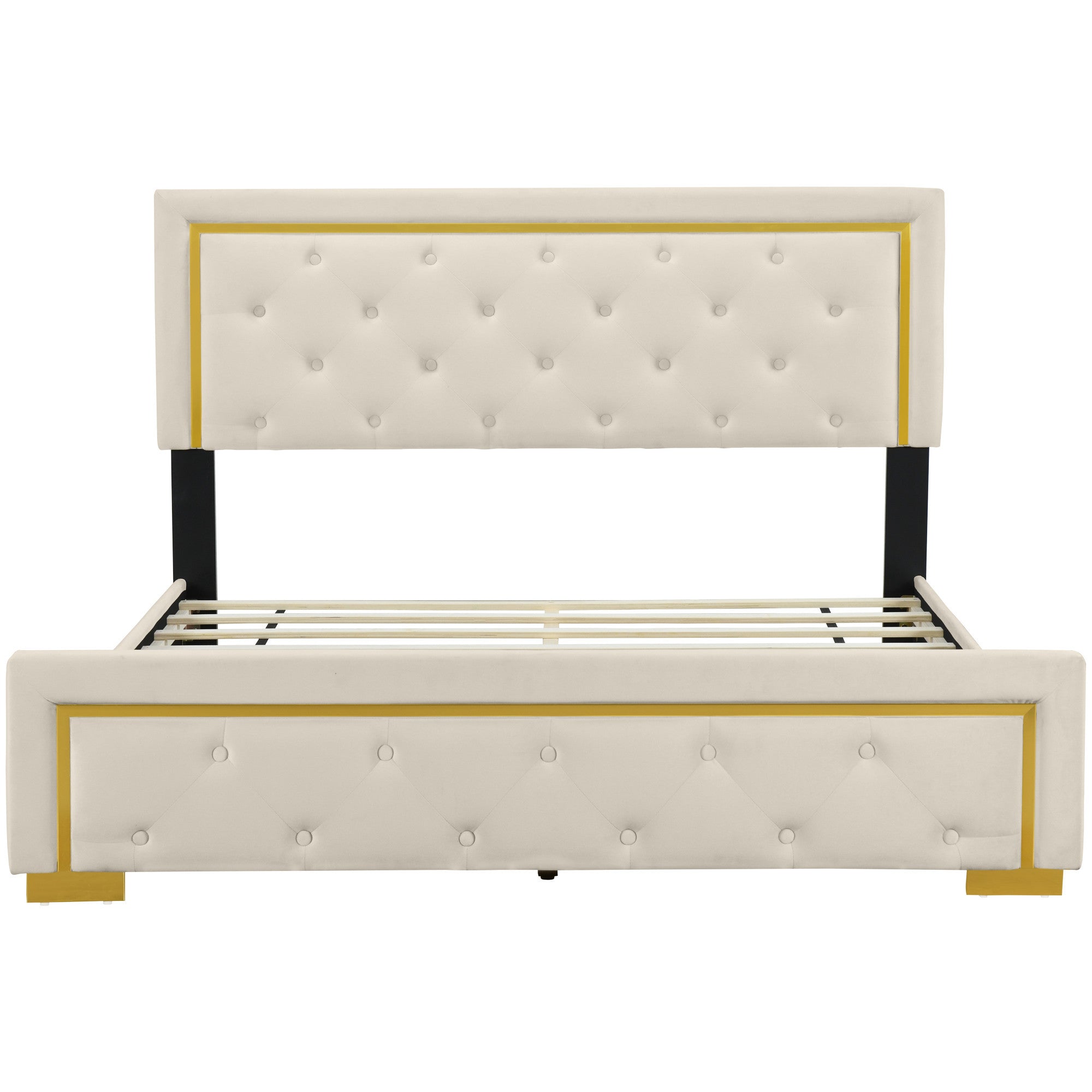 Beige Tufted Velvet Upholstered Queen Bed Frame-7