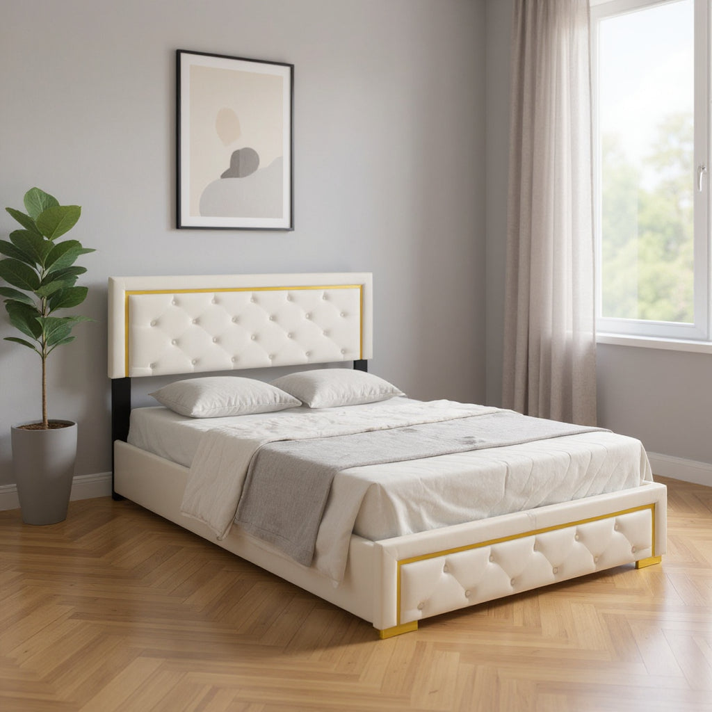 Beige Tufted Velvet Upholstered Queen Bed Frame-0