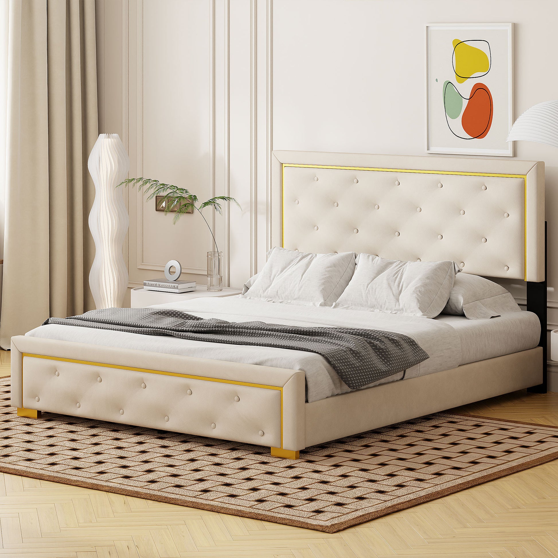Beige Tufted Velvet Upholstered Queen Bed Frame-8