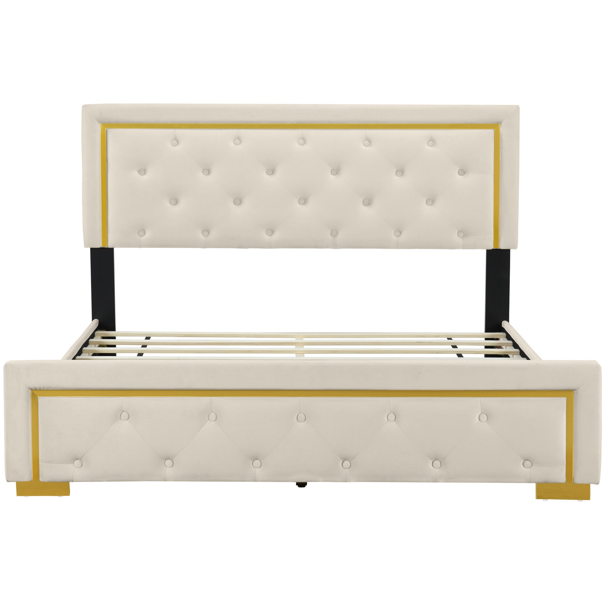 Beige Tufted Velvet Upholstered Queen Bed Frame-1