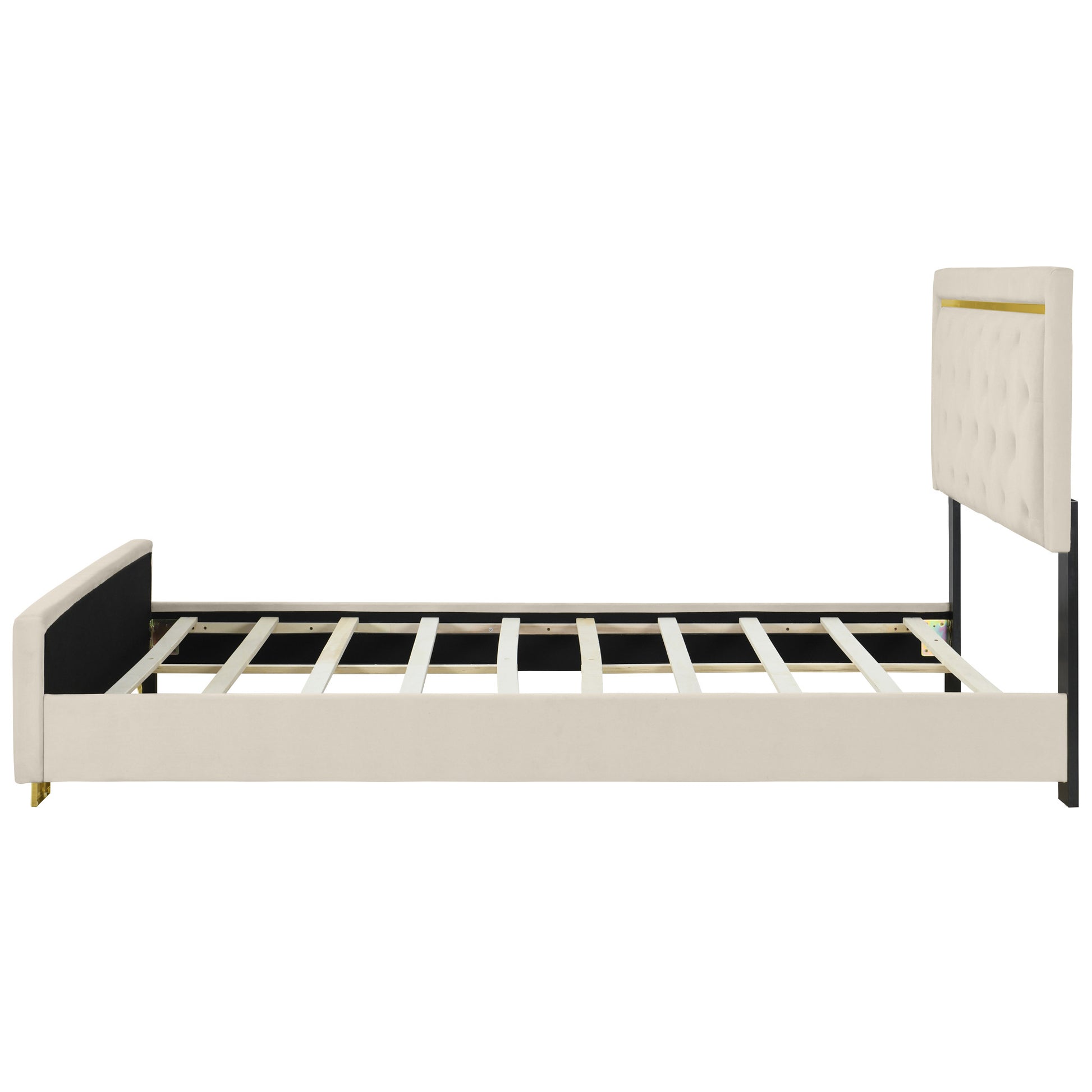 Beige Tufted Velvet Upholstered Queen Bed Frame-5