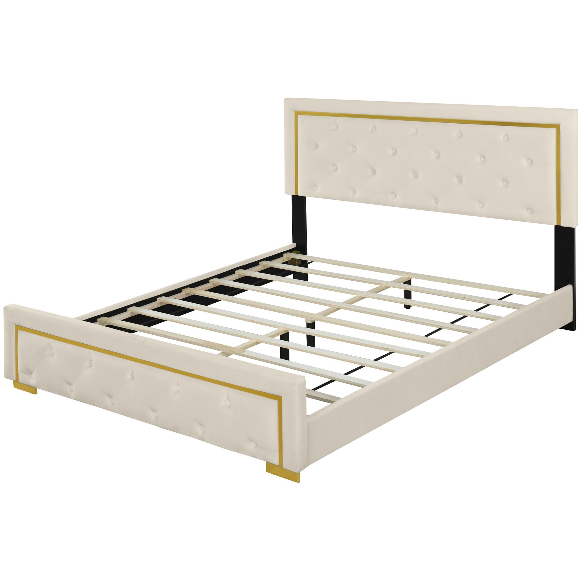 Beige Tufted Velvet Upholstered Queen Bed Frame-2