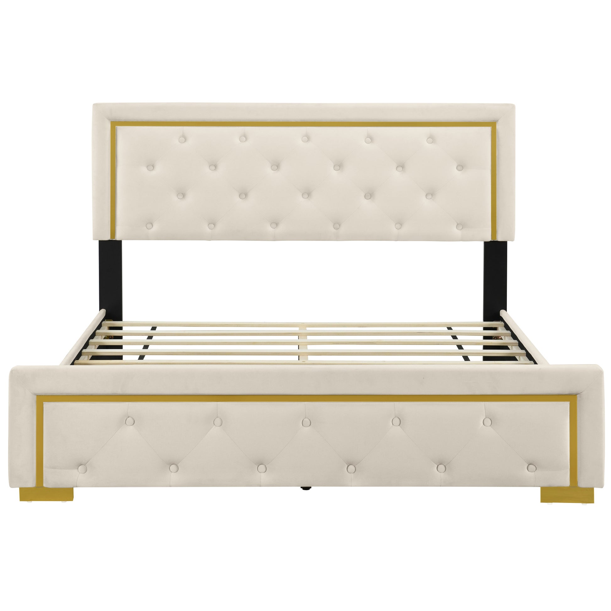 Beige Tufted Velvet Upholstered Queen Bed Frame-3
