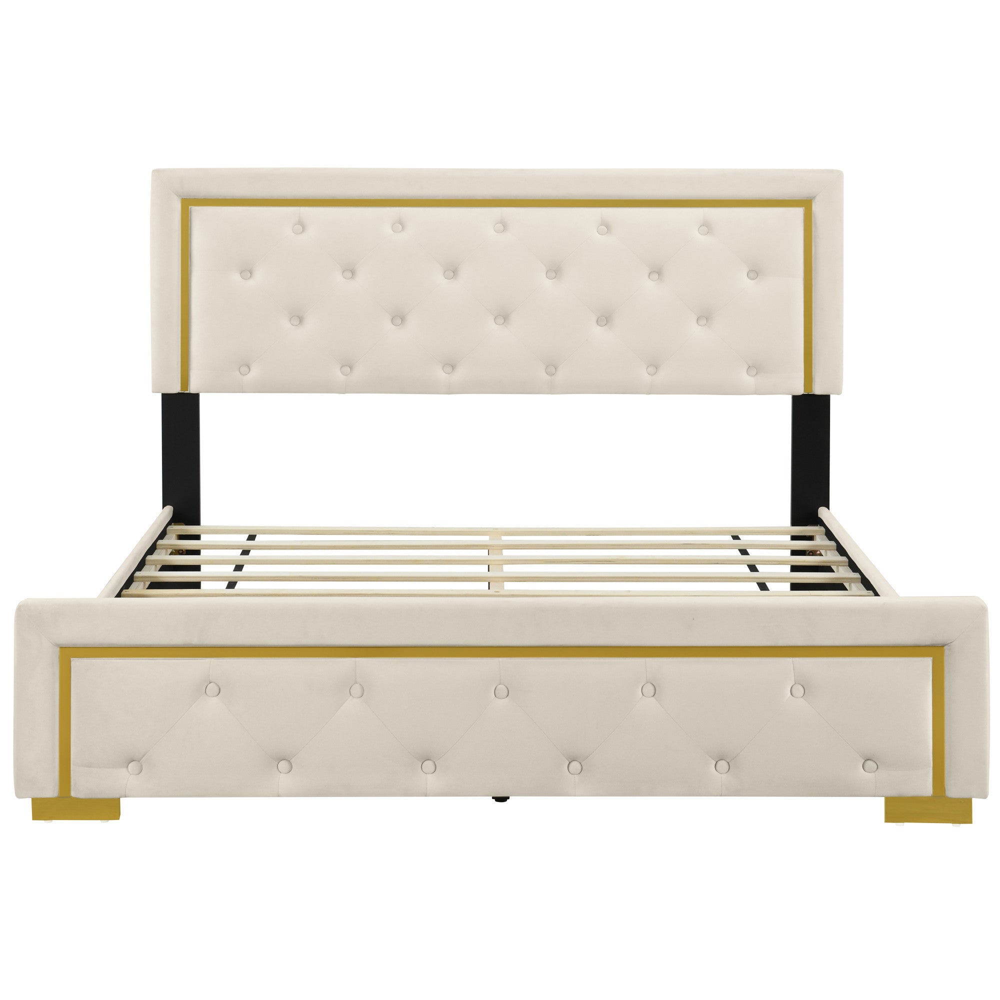 Beige Tufted Velvet Upholstered Queen Bed Frame-3