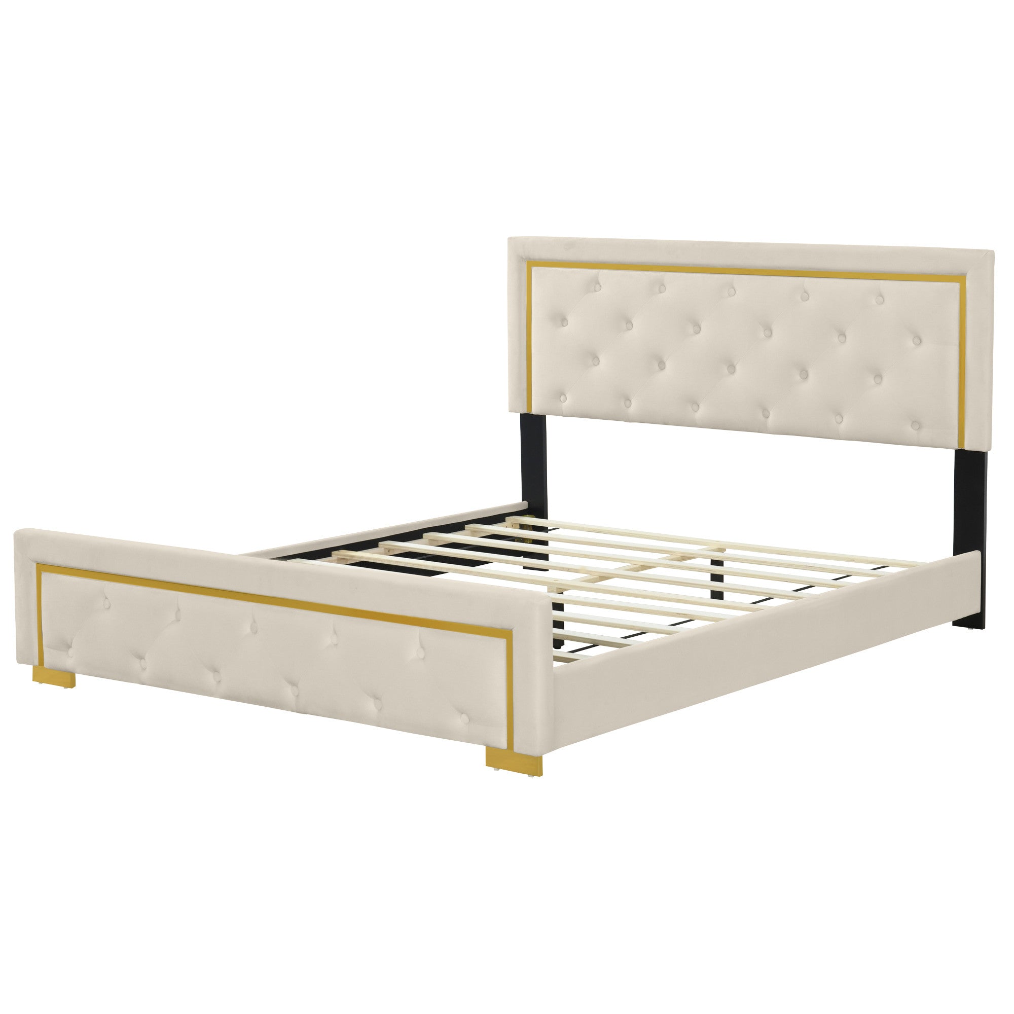 Beige Tufted Velvet Upholstered Queen Bed Frame-4