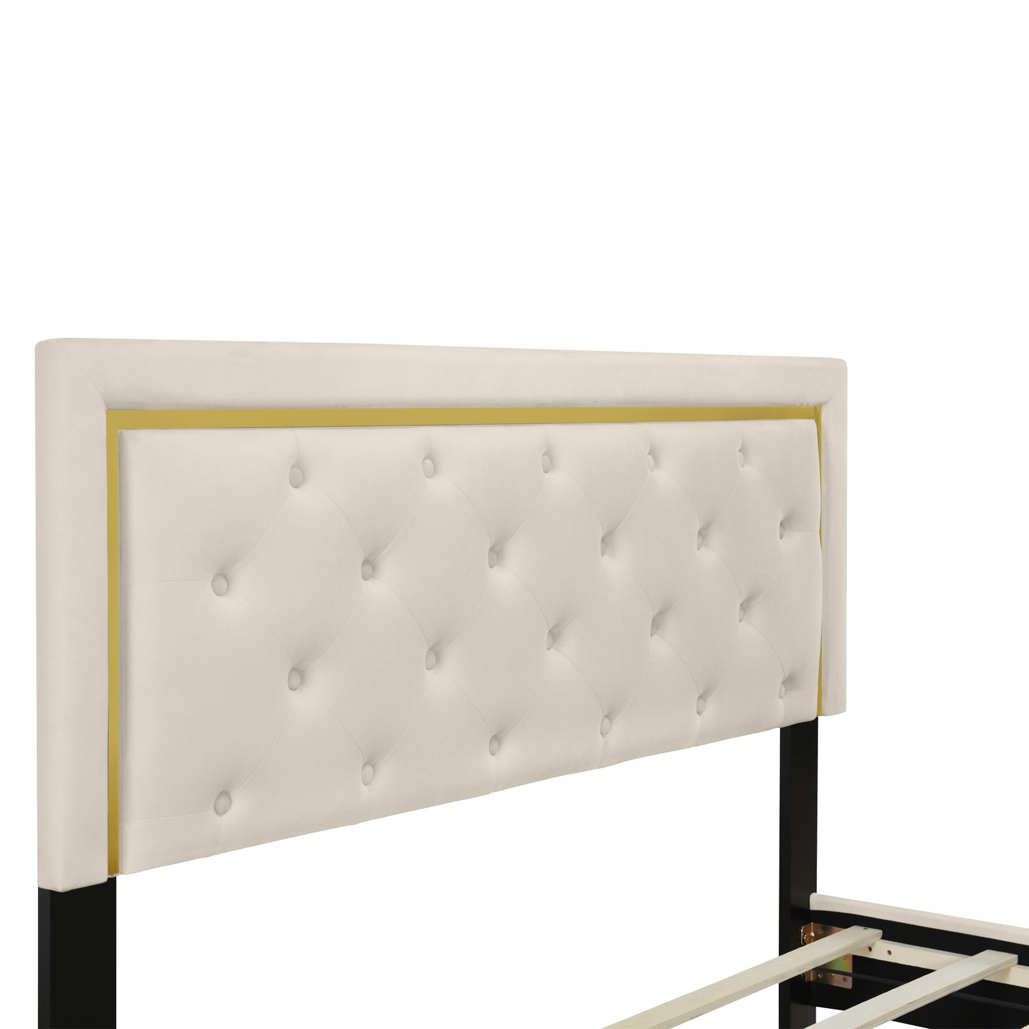 Beige Tufted Velvet Upholstered Queen Bed Frame-6