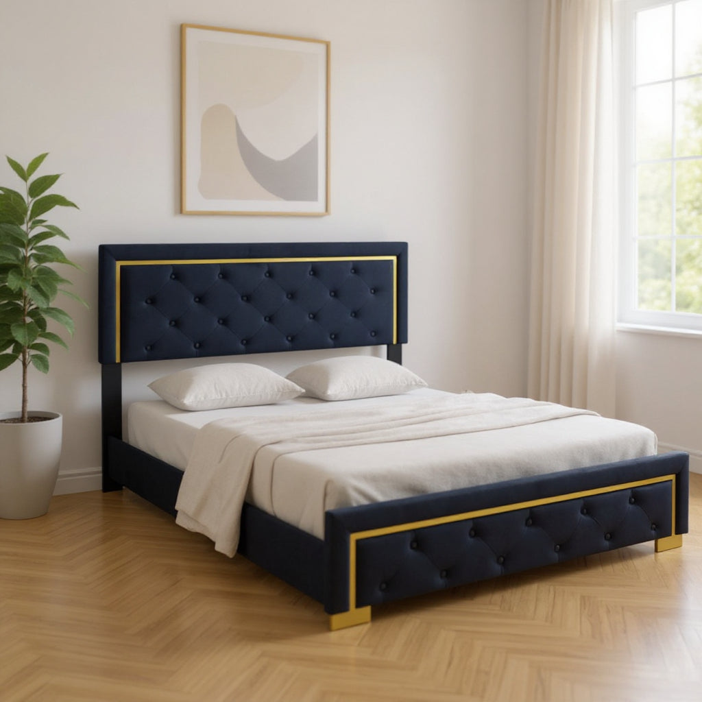 Black Tufted Velvet Upholstered Queen Bed Frame-0