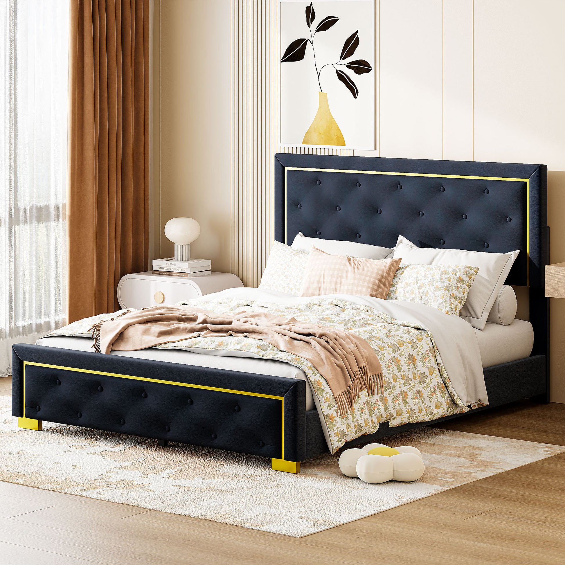Black Tufted Velvet Upholstered Queen Bed Frame-8