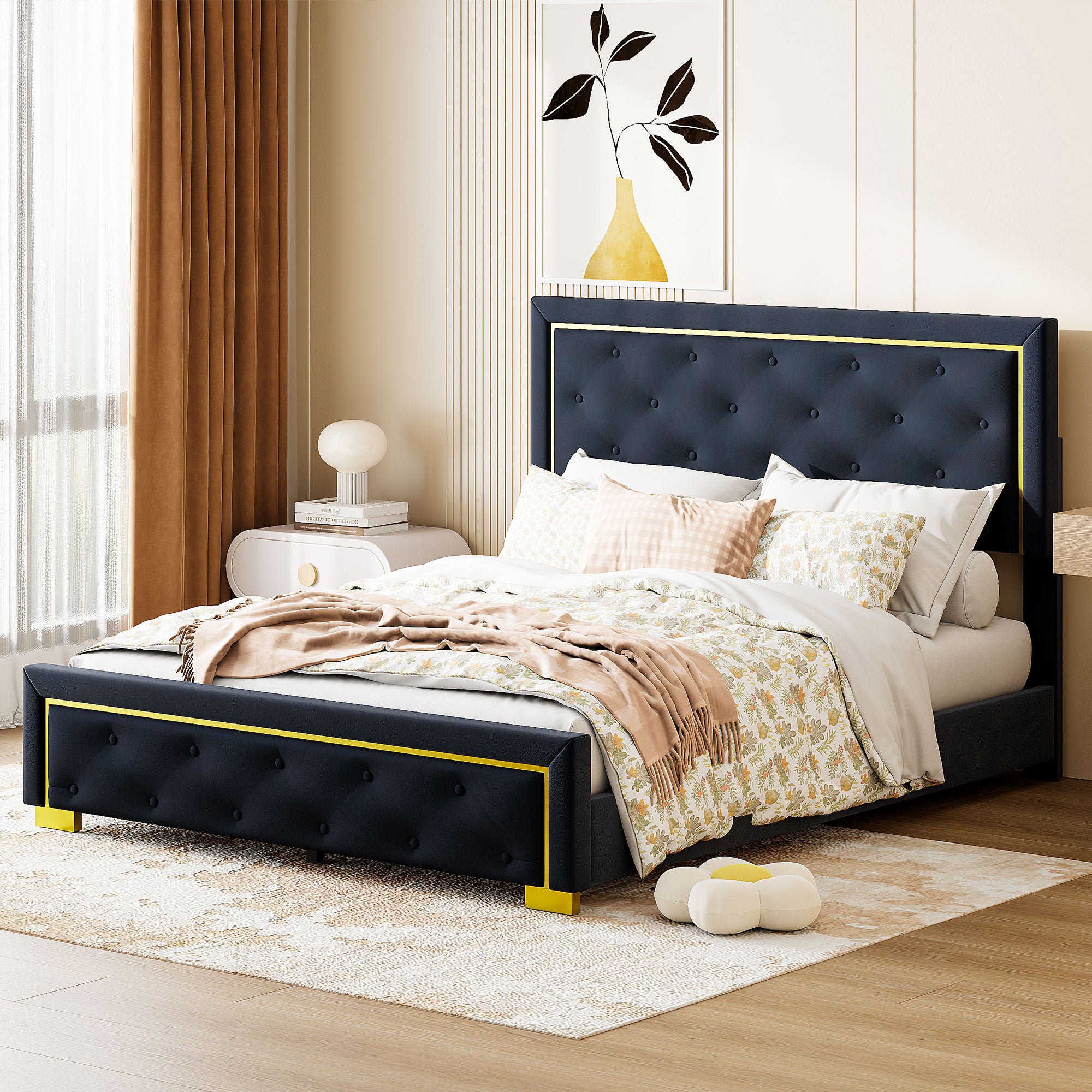 Black Tufted Velvet Upholstered Queen Bed Frame-8