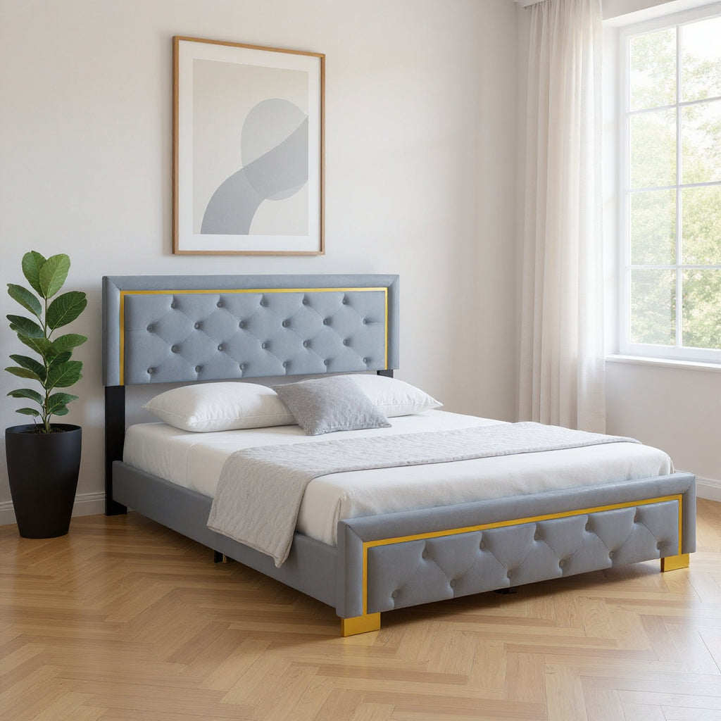 Gray Tufted Velvet Upholstered Queen Bed Frame-0