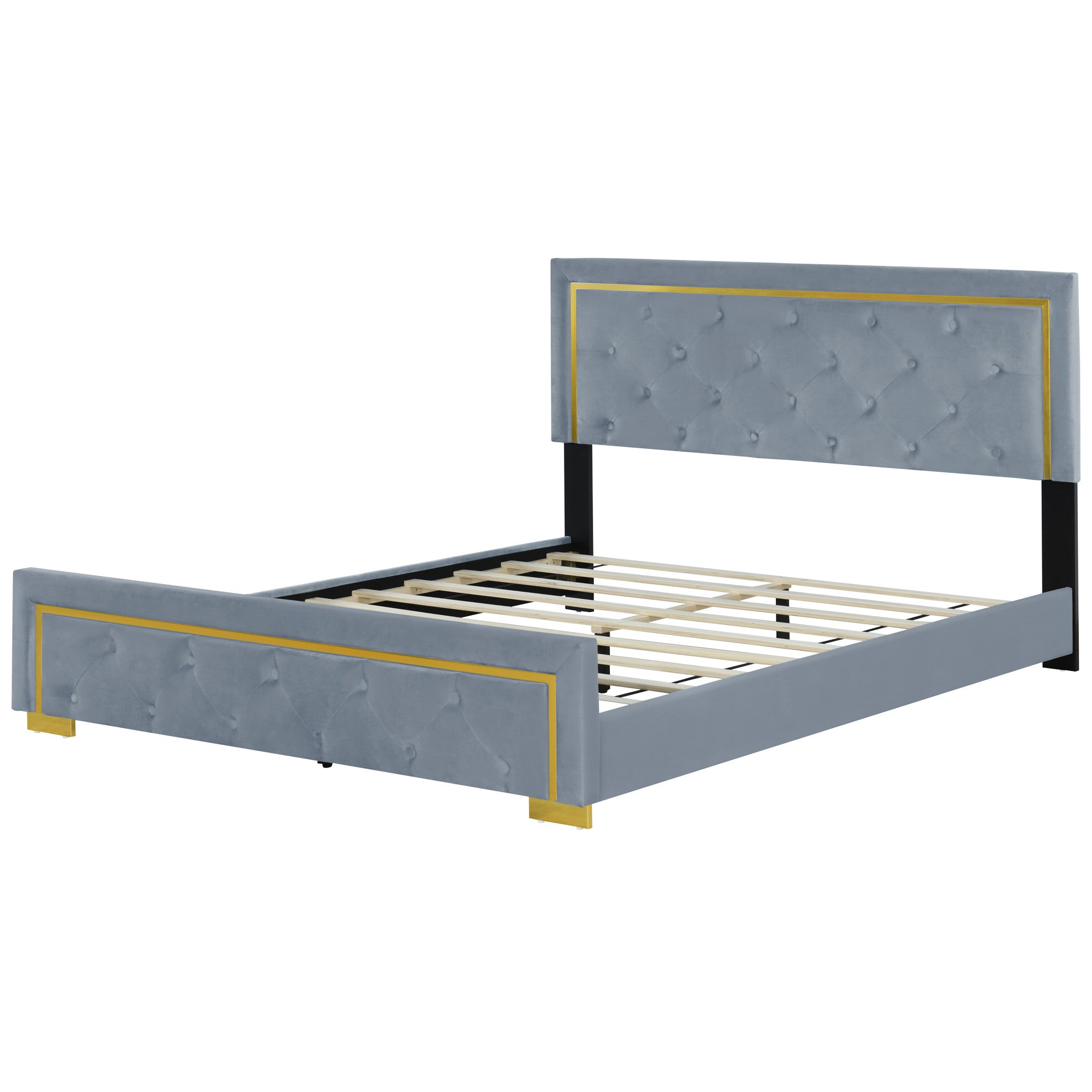 Gray Tufted Velvet Upholstered Queen Bed Frame-1