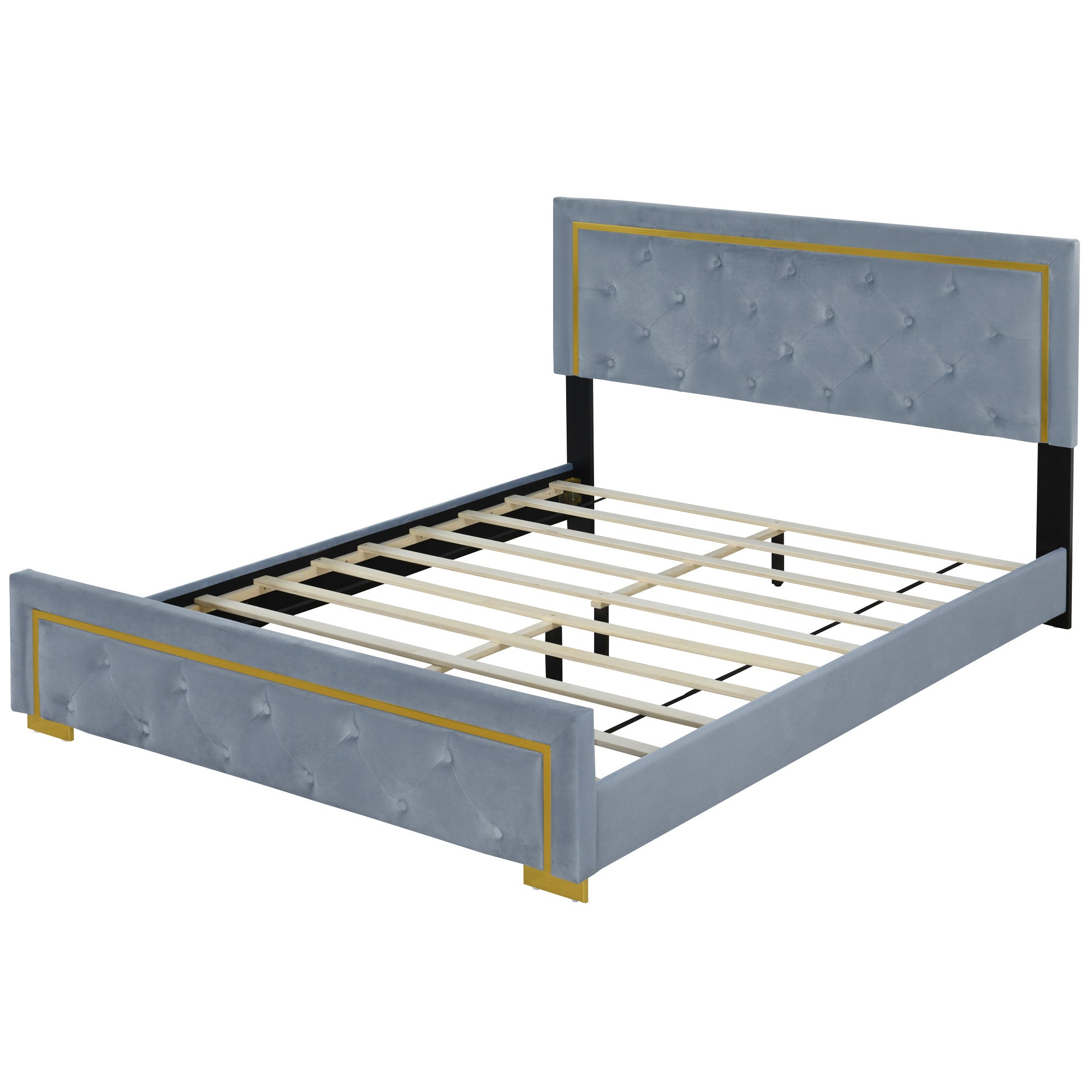 Gray Tufted Velvet Upholstered Queen Bed Frame-4