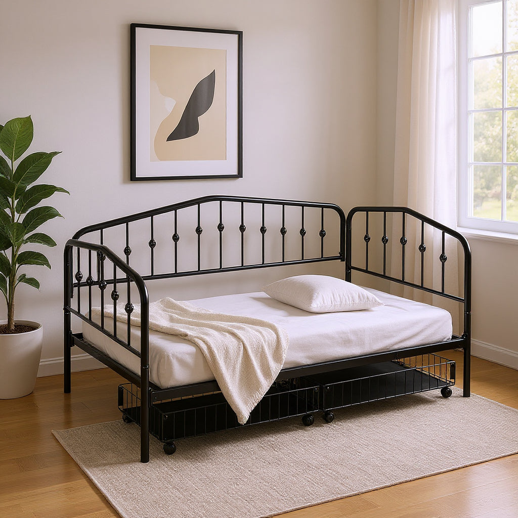 Black Metal Twin Bed Frame With Drawers-0