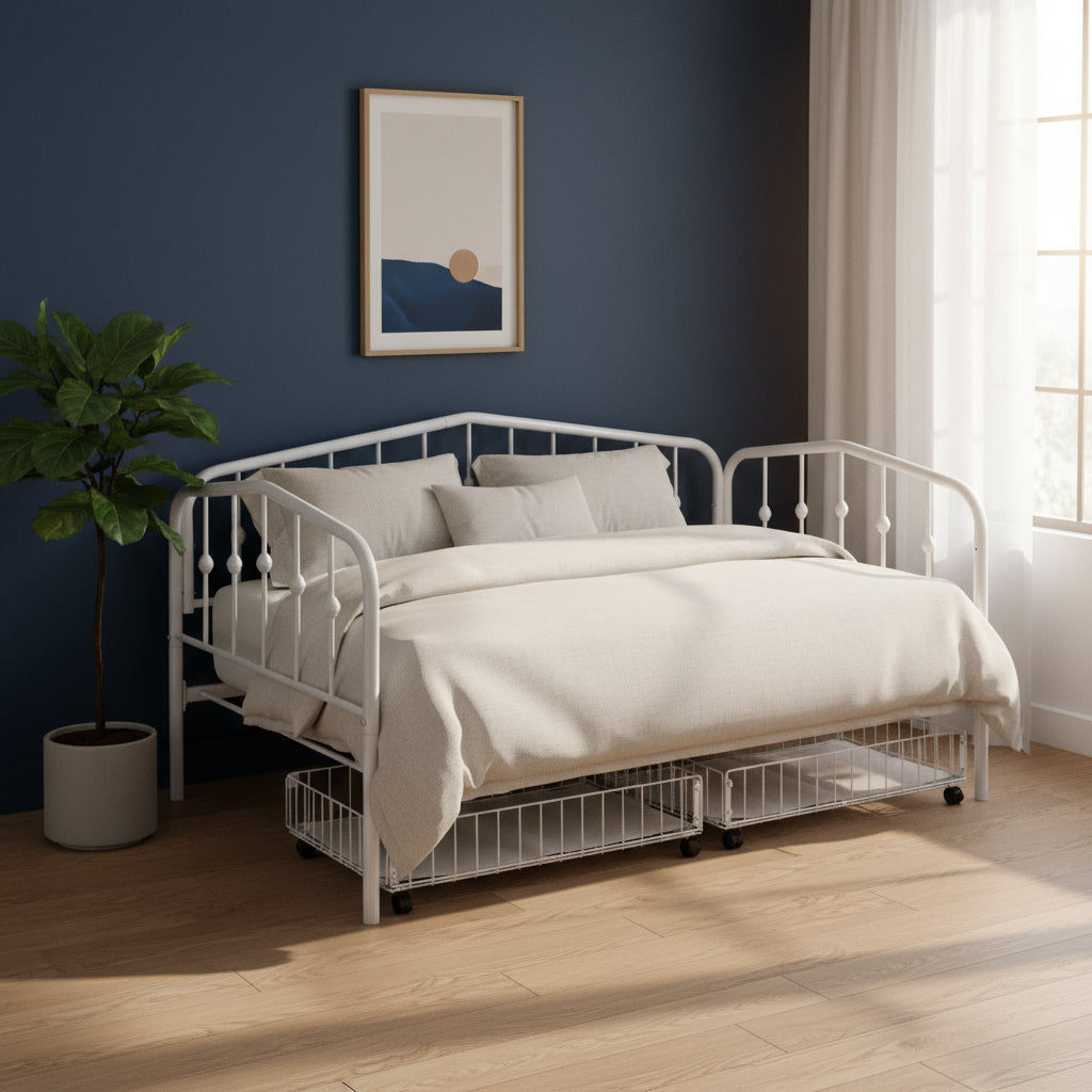 White Metal Twin Bed Frame With Drawers-0
