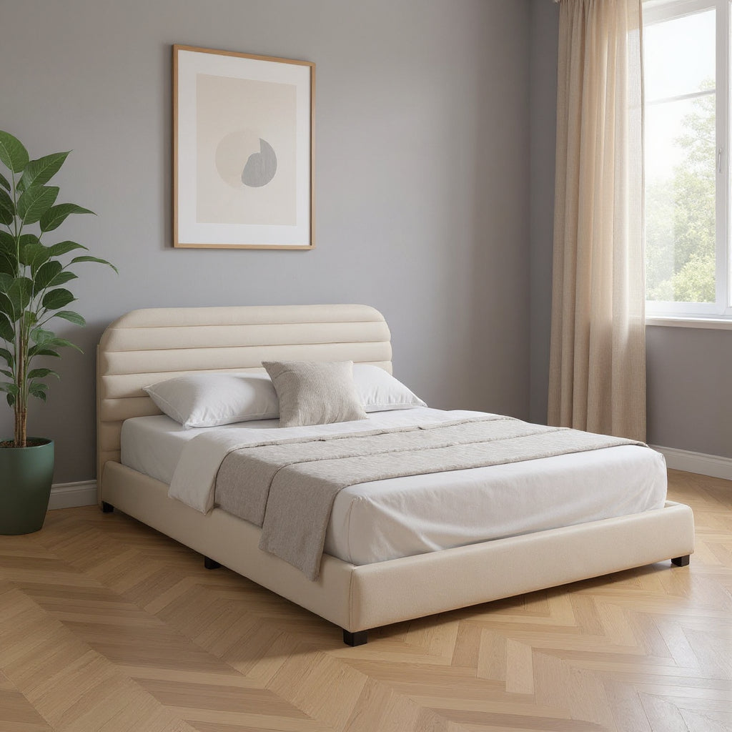 Beige Tufted Velvet Upholstered Queen Bed Frame-0