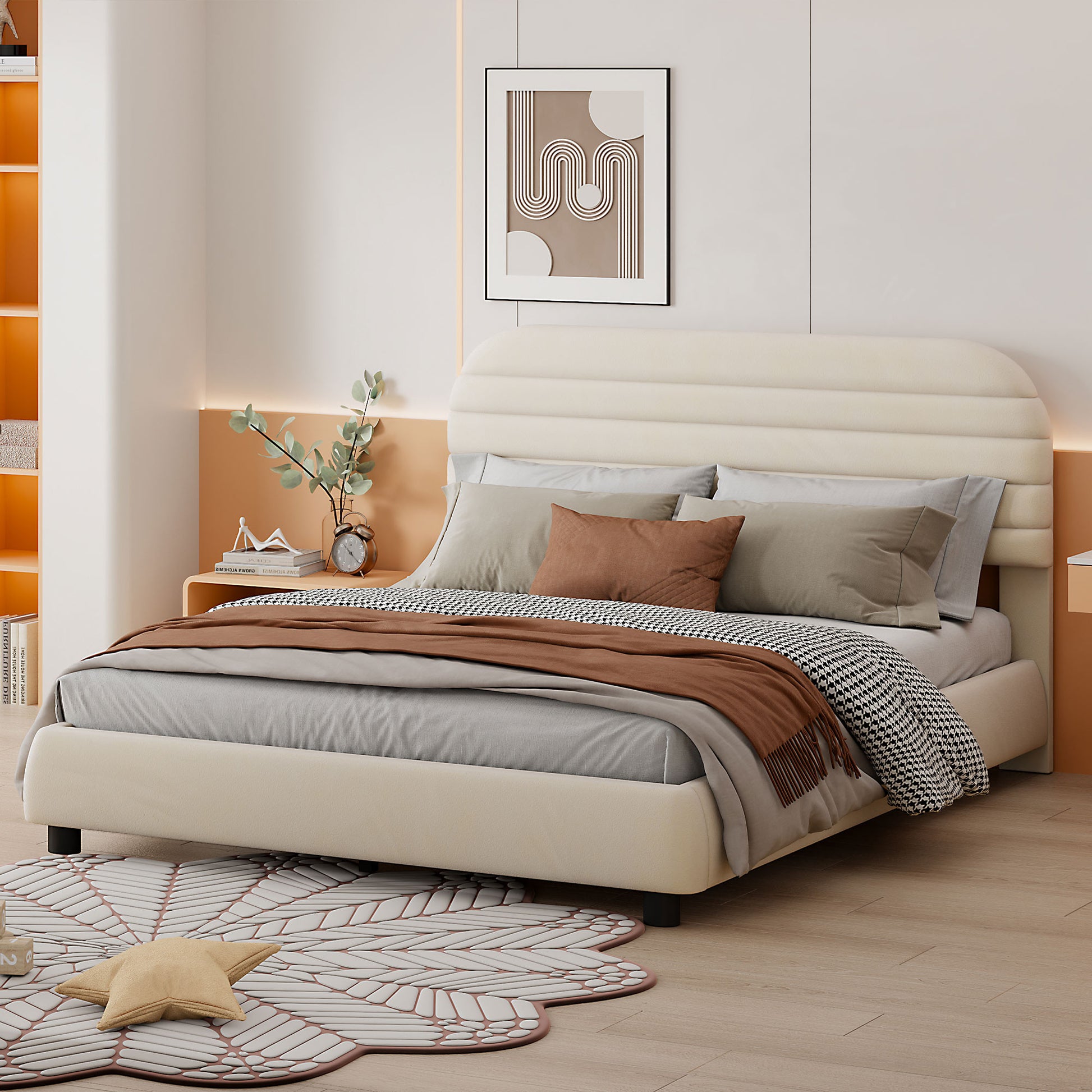 Beige Tufted Velvet Upholstered Queen Bed Frame-8
