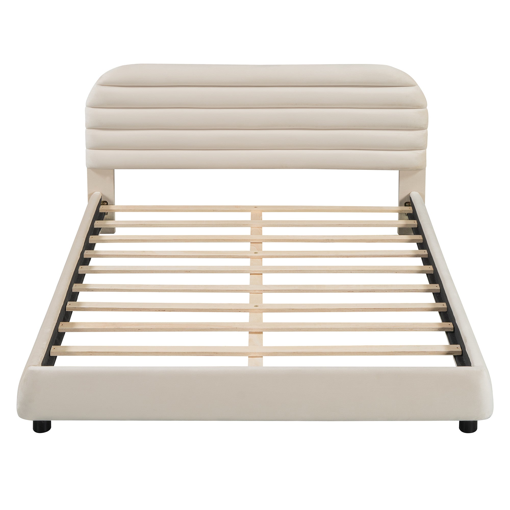 Beige Tufted Velvet Upholstered Queen Bed Frame-1