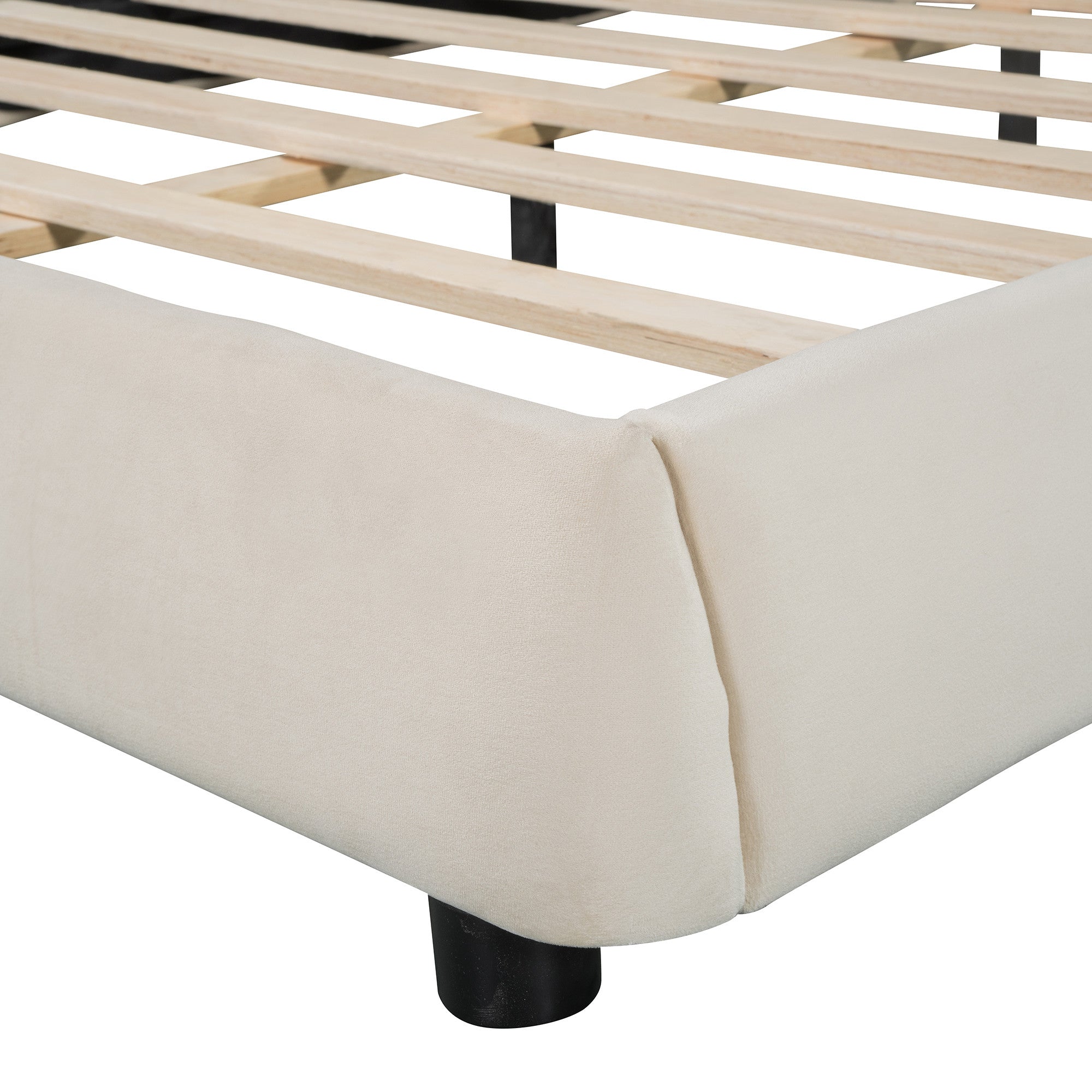 Beige Tufted Velvet Upholstered Queen Bed Frame-4