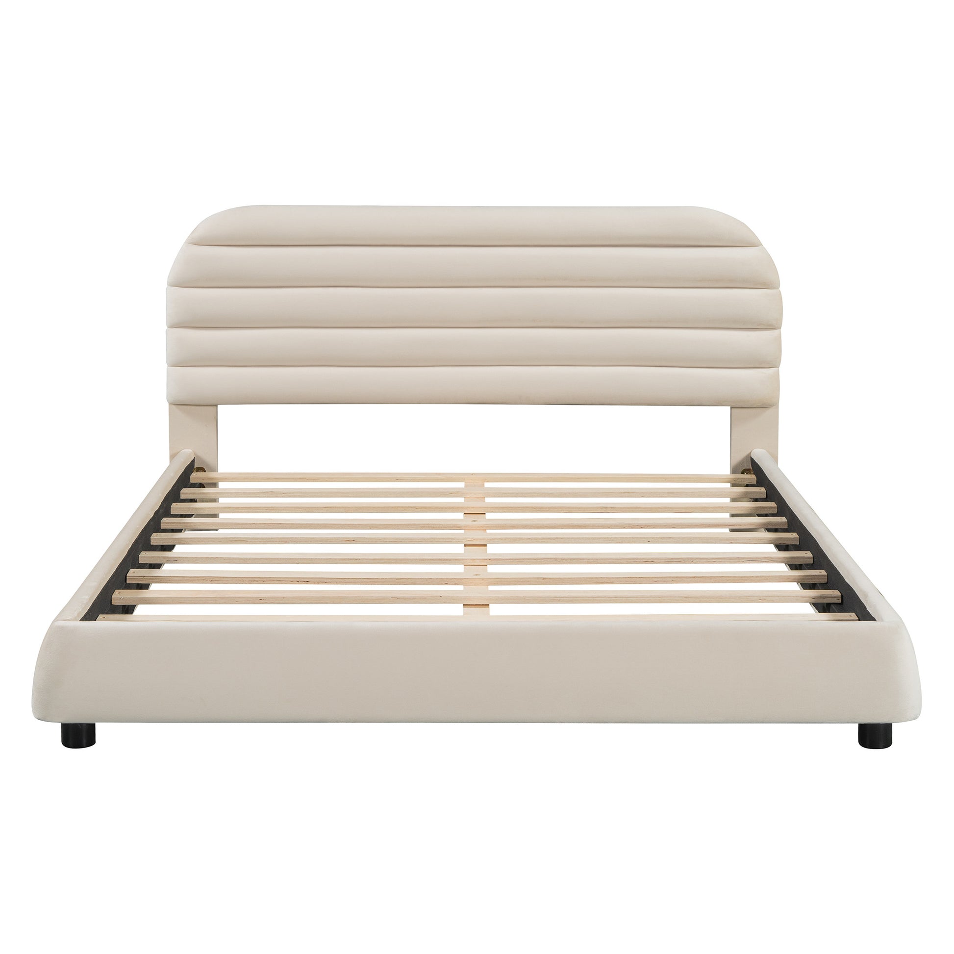 Beige Tufted Velvet Upholstered Queen Bed Frame-2