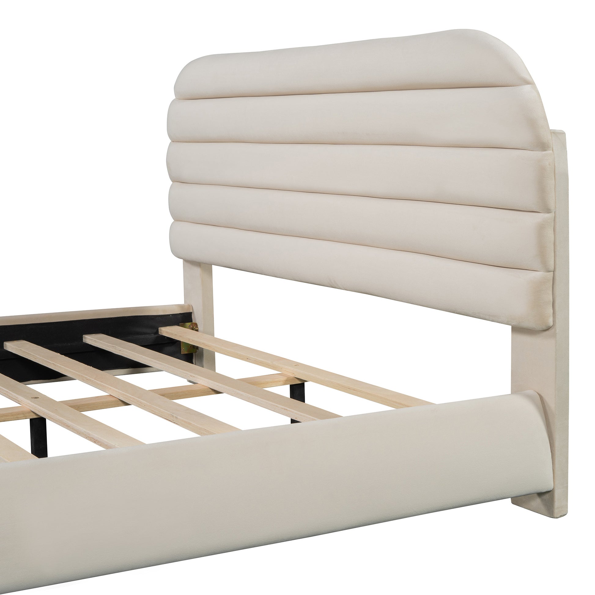 Beige Tufted Velvet Upholstered Queen Bed Frame-5
