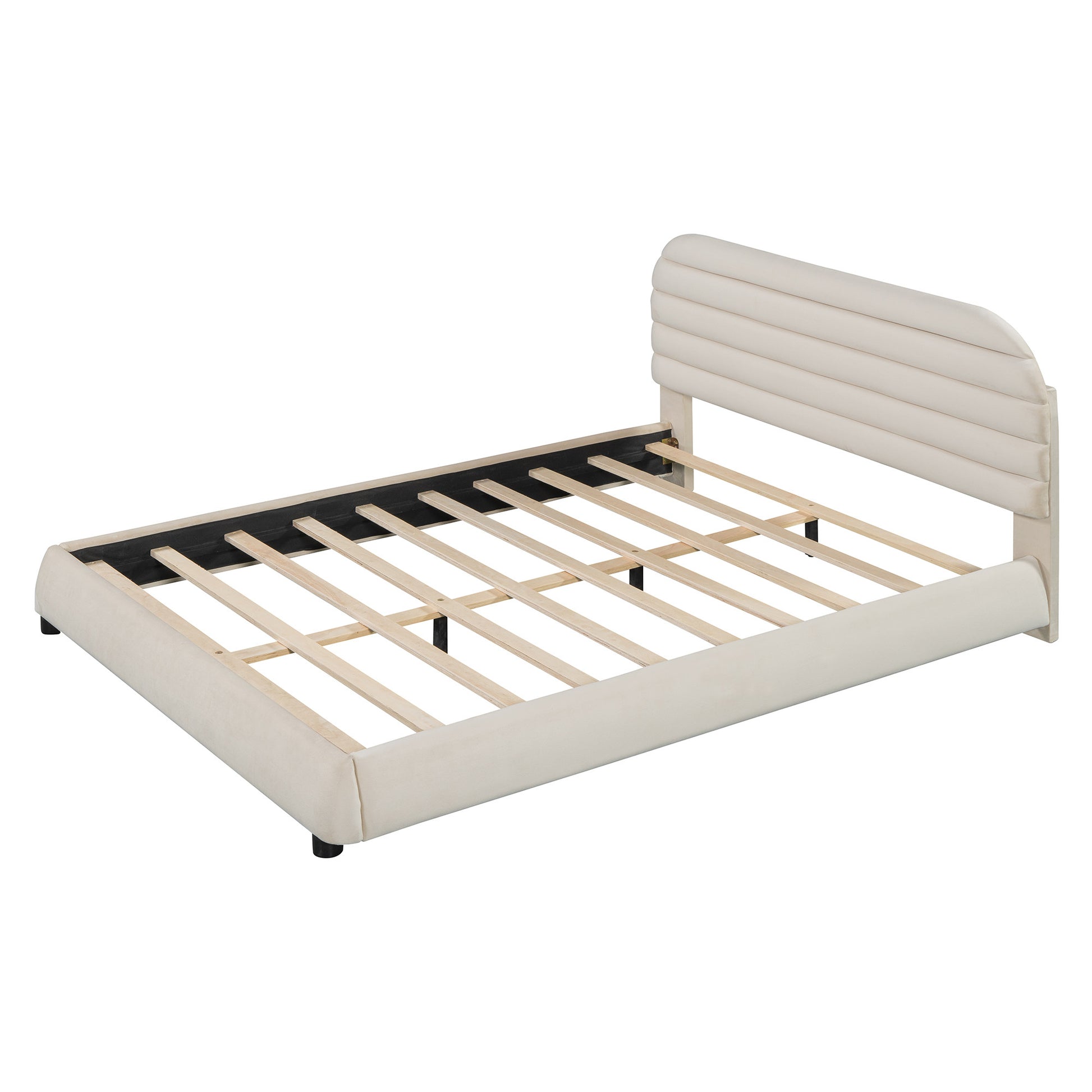 Beige Tufted Velvet Upholstered Queen Bed Frame-3