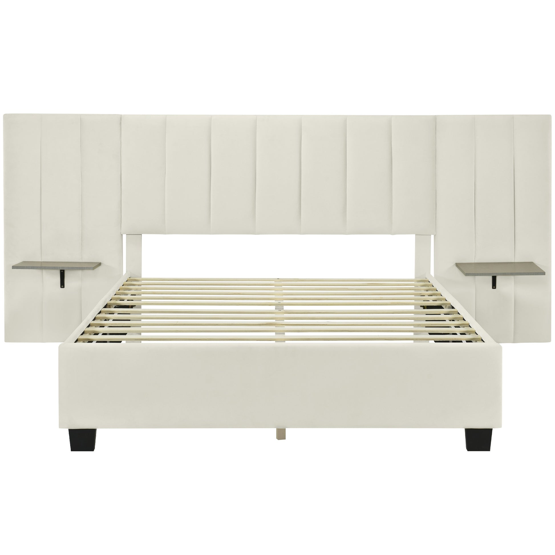 Beige Tufted Velvet Upholstered Queen Bed Frame-7