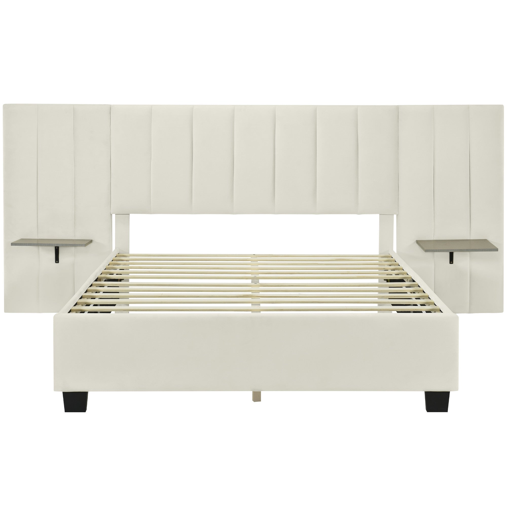 Beige Tufted Velvet Upholstered Queen Bed Frame-7