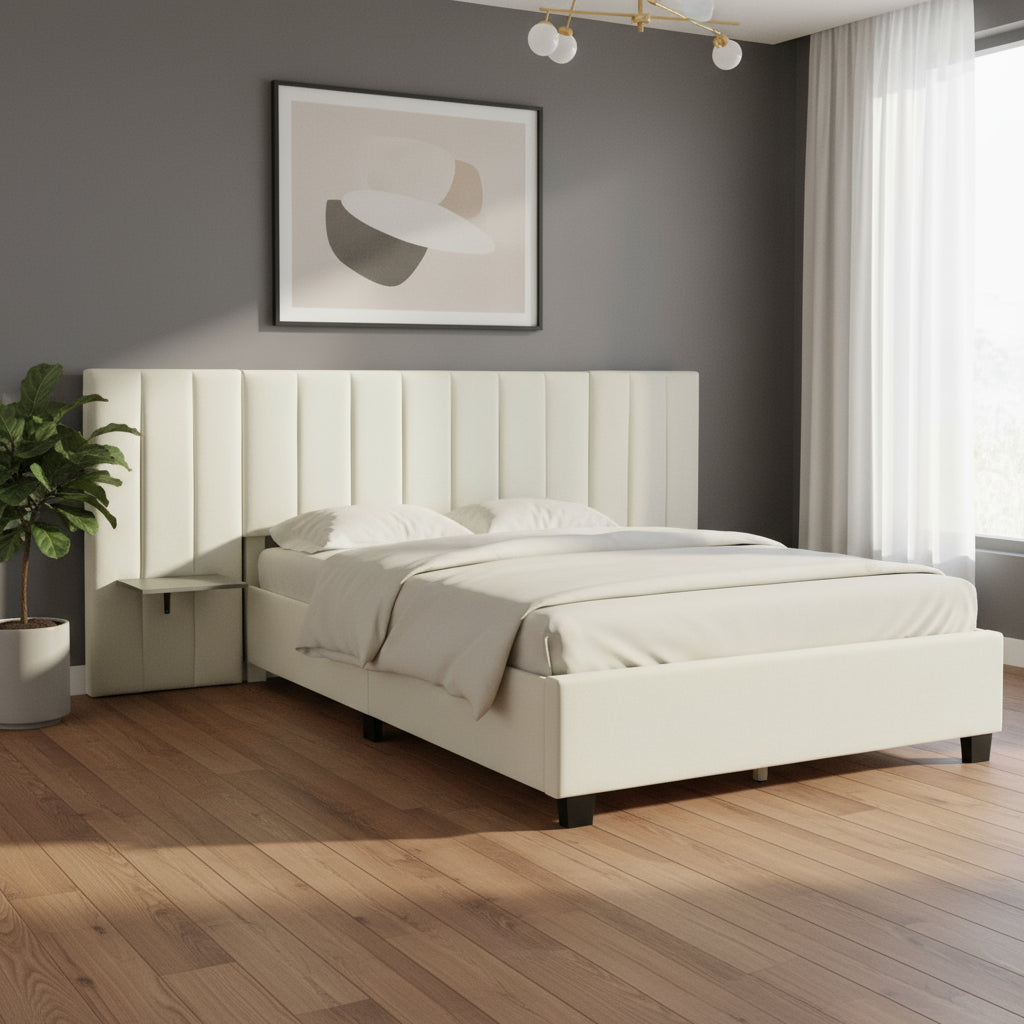 Beige Tufted Velvet Upholstered Queen Bed Frame-0