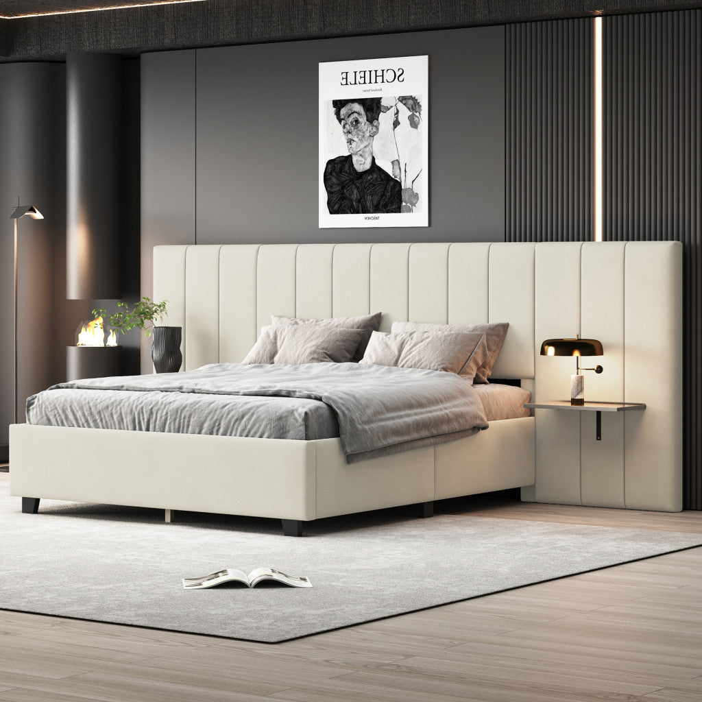 Beige Tufted Velvet Upholstered Queen Bed Frame-8