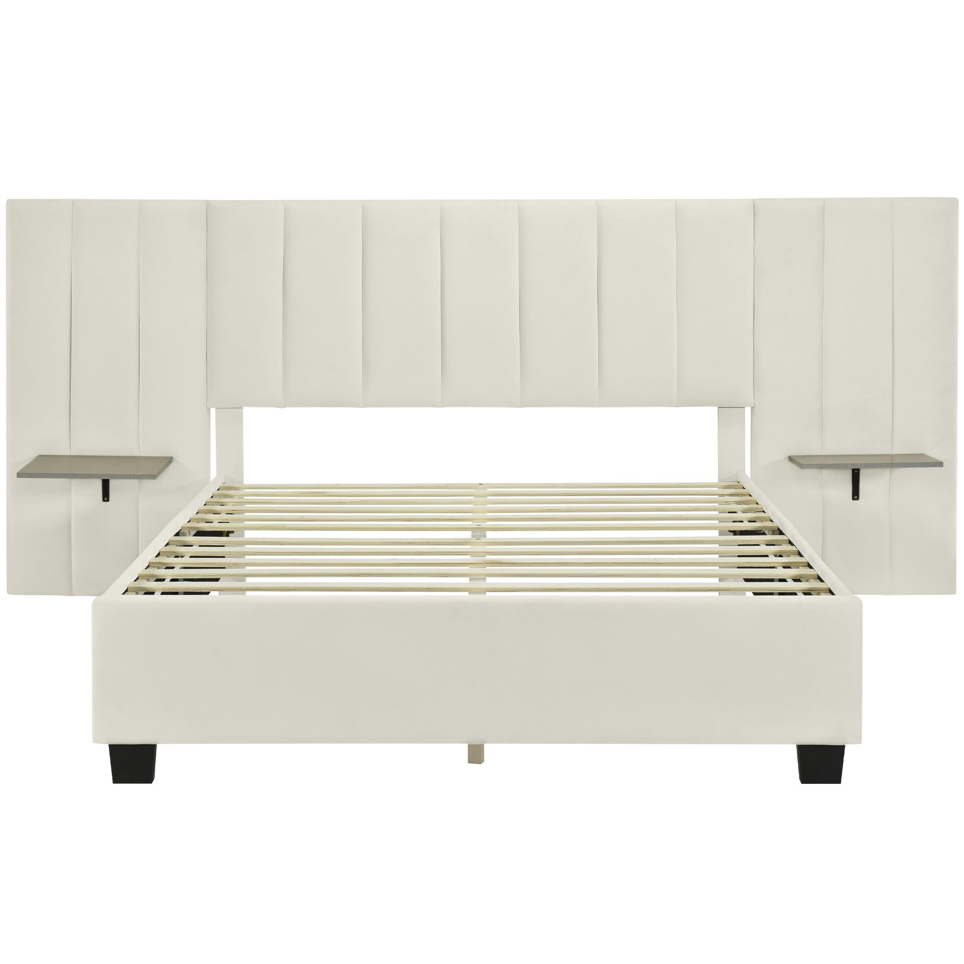 Beige Tufted Velvet Upholstered Queen Bed Frame-1