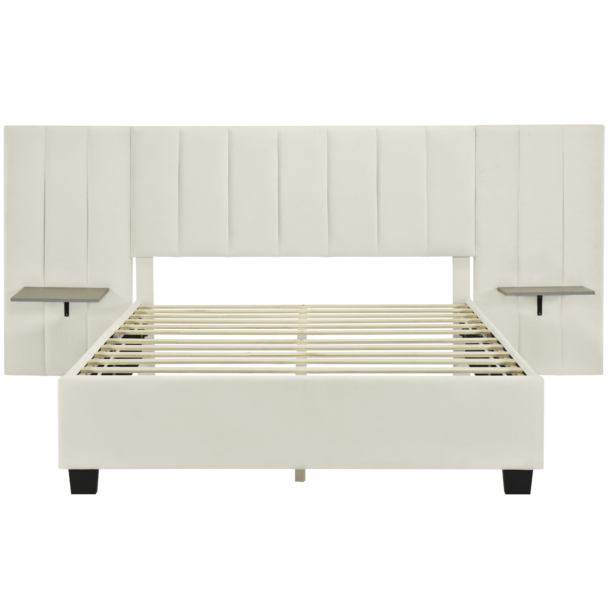 Beige Tufted Velvet Upholstered Queen Bed Frame-1